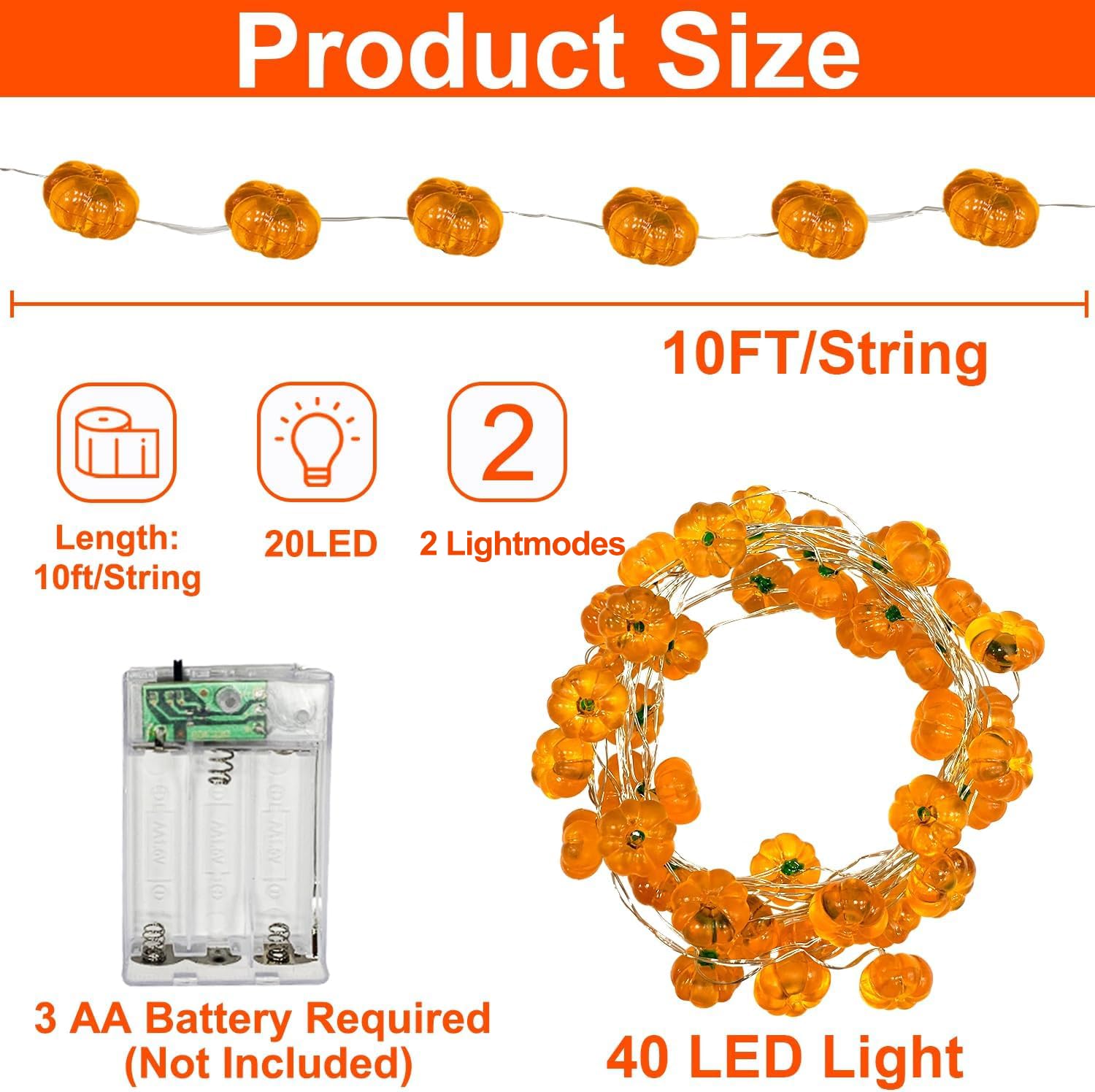 2 Pack 3D Fall Pumpkin String Lights - 20Ft 40LED Warm White Battery Operated Orange Lights for Thanksgiving, Halloween & Home Decor - Indoor Thanksgiving Decor, Fall Table Centerpiece, Porch Lighting, Party Decorations