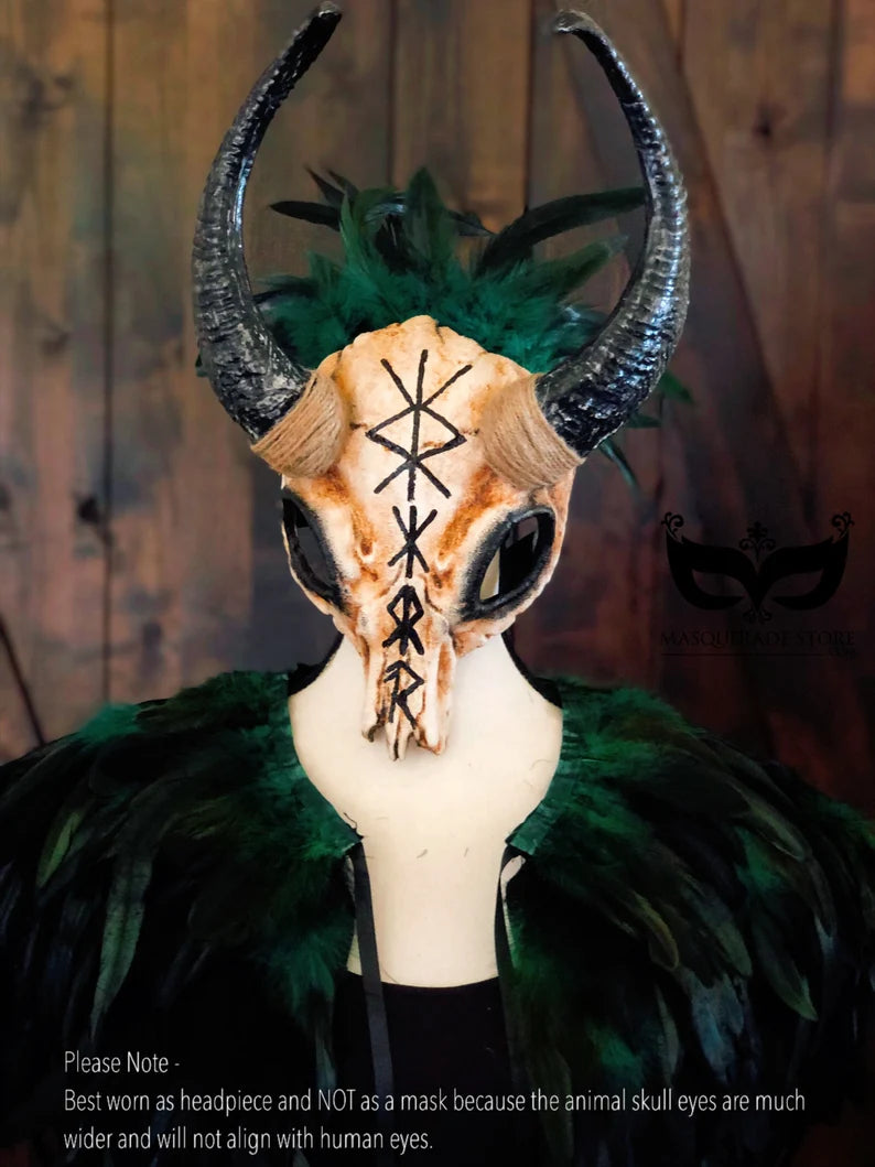 Viking Hunter Ram Horn & Feather Cape - Medieval Costume Accessory for Cosplay, LARP, Halloween & Viking Themed Parties
