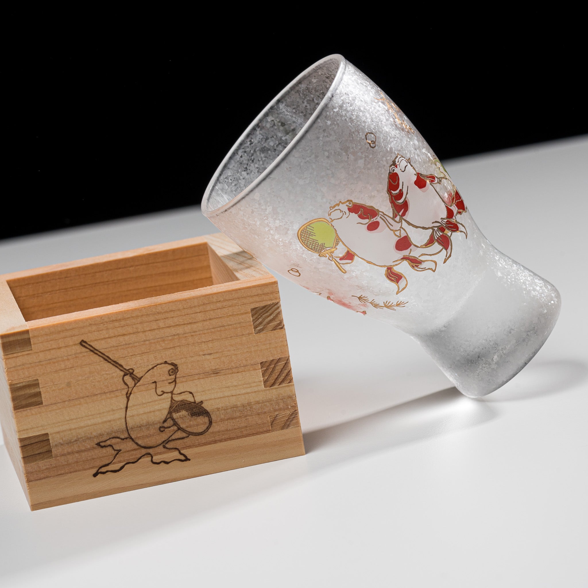 Lucky Animals Masuzake Sake Cup with Wooden Masu - Golden Fish Design for Japanese Sake Ceremony & Home Bar Decor