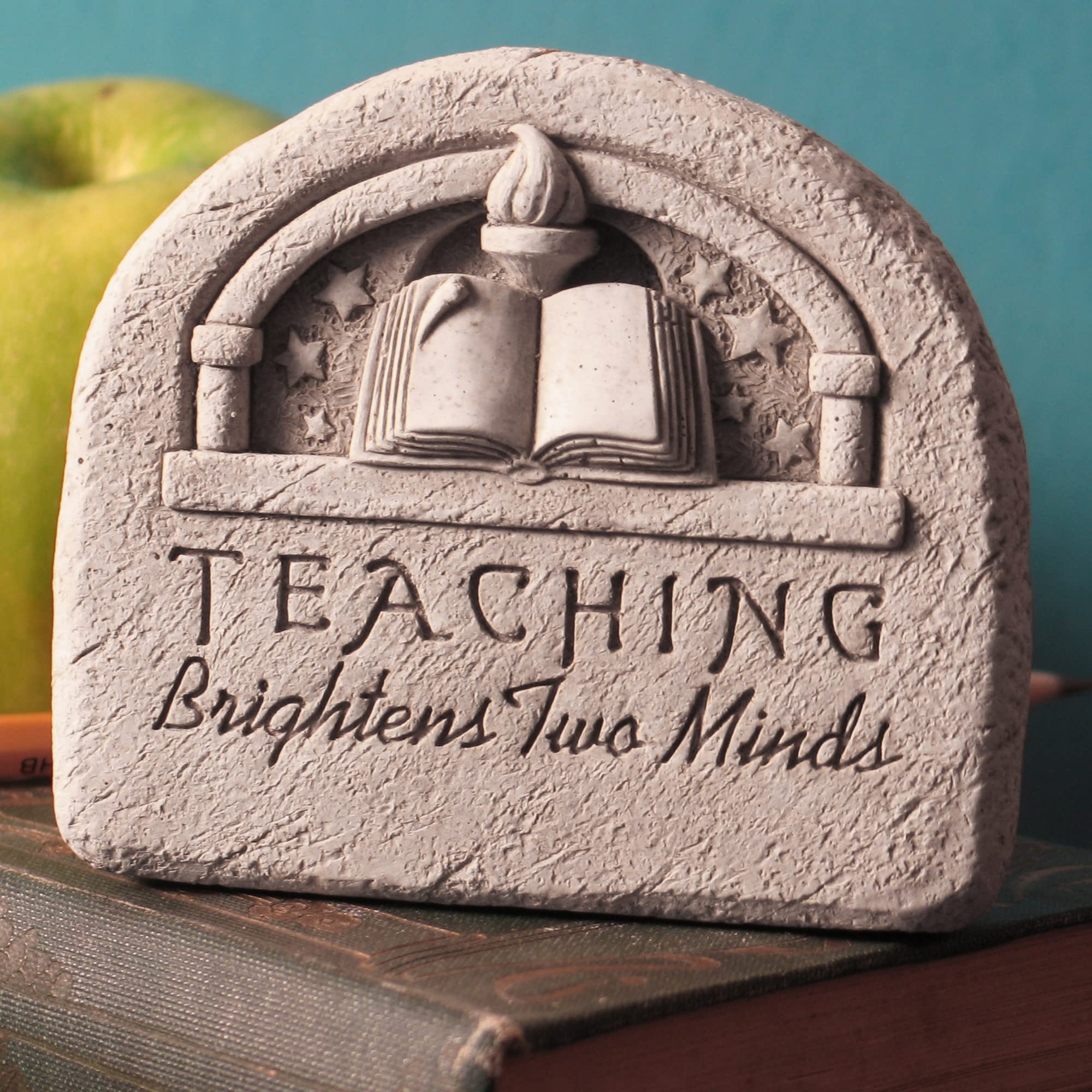 Handcrafted Teacher Appreciation Gift - Inspirational 'Teaching Brightens Two Minds' Stone Plaque, Artisan-Made Garden Statue for Classroom Decor, Home Office, or Outdoor Garden Display