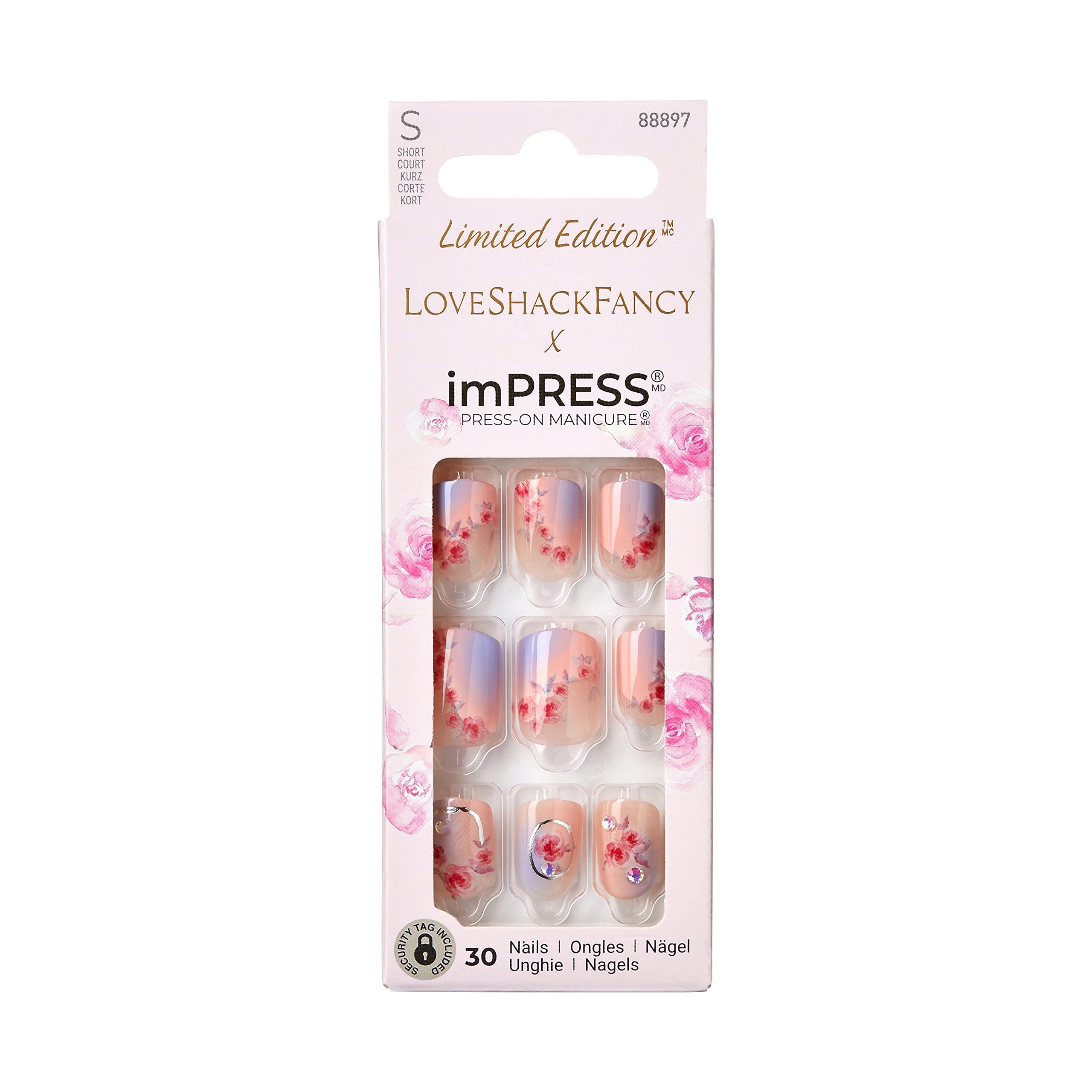 KISS LoveShackFancy x imPRESS Press-On Nails Limited Edition - Sunkissed Peach Short Square Fake Nails Kit with Prep Pad, Nail File & Cuticle Stick (30 Nails) | Perfect for Weddings, Parties & Everyday Glam