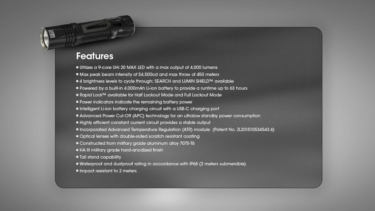 Nitecore EDC33 4000 Lumens USB-C Rechargeable Flashlight with 4000mAh Battery, 450m Beam Distance, Black - Perfect for Camping, Hiking, and Emergency Situations