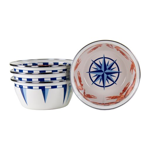 Premium Enamelware Bowls Set of 4 - Durable Cereal & Salad Bowls for Breakfast, Picnics, Camping & Kitchen Use - Crab House Design Rustic Dinnerware