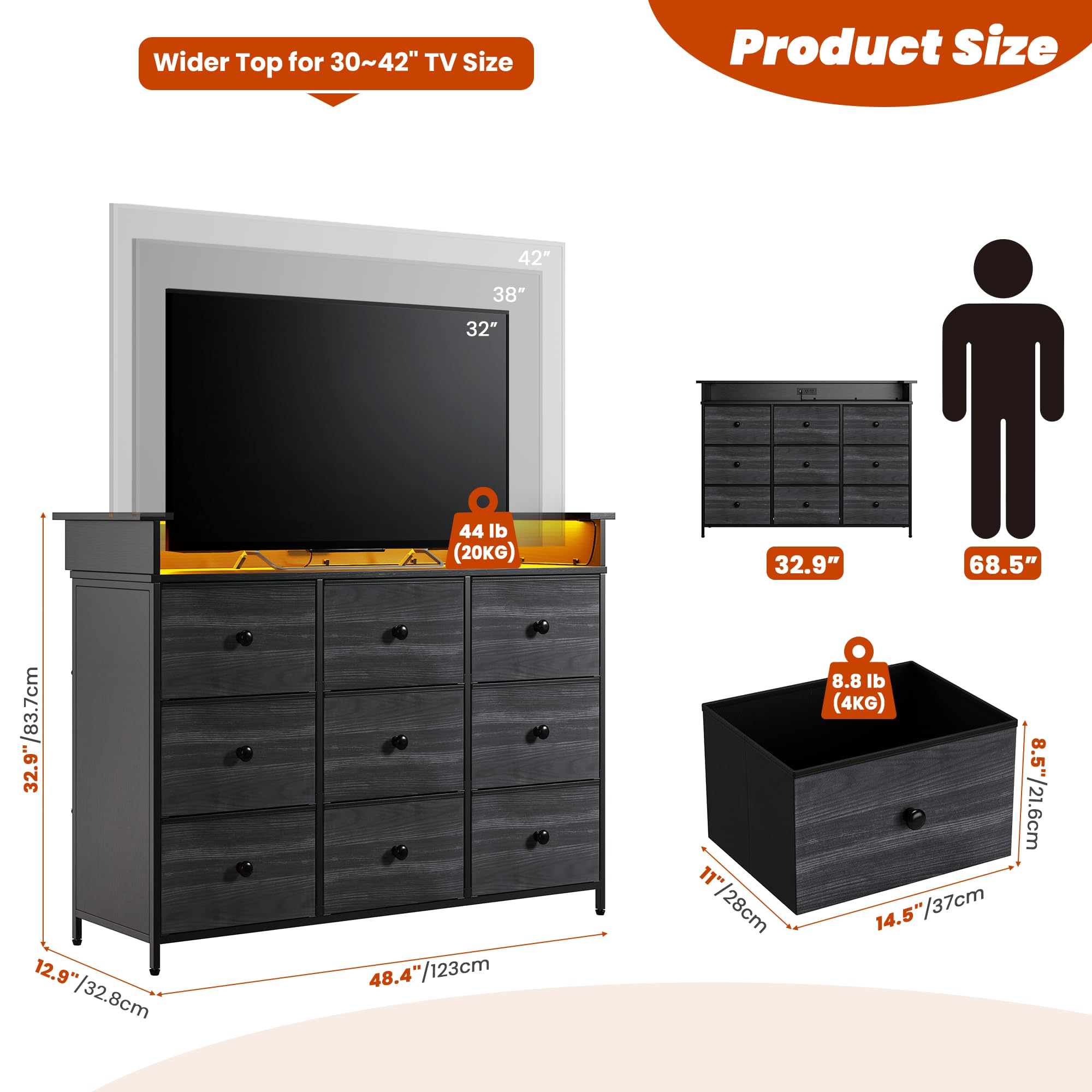 Nicehill 9-Drawer Dresser with LED Lights - Modern Black Wood Grain Fabric Chest for Bedroom, Living Room, TV Stand or Hallway Entryway Storage - Perfect for Organizing Clothes, Electronics & Home Decor