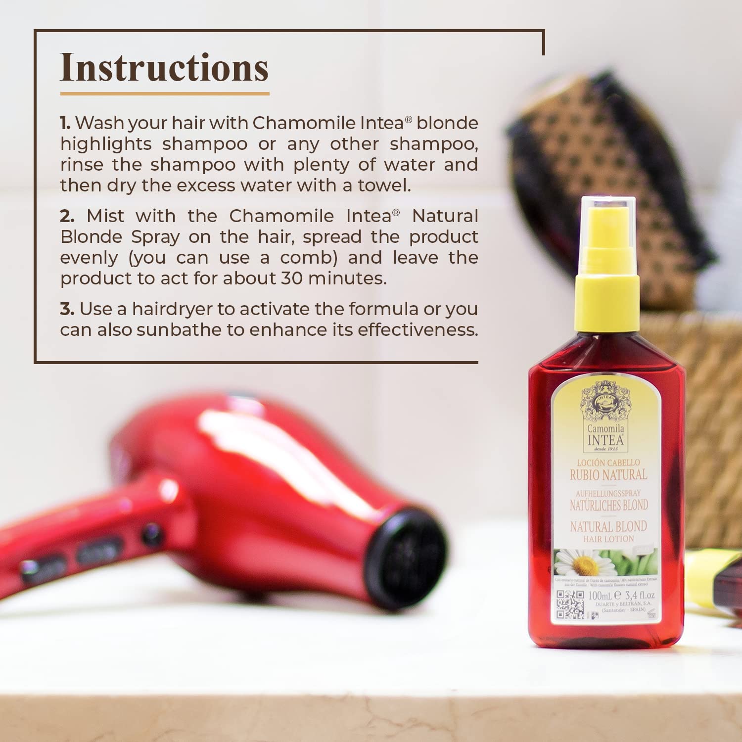 Natural Chamomile Hair Lightening Spray with Chamomile Extract - Ammonia & Paraben Free Blonde Enhancer - Achieve Up to 4 Lighter Tones - 3.4oz (4 Pack) - Perfect for Sun-Kissed Summer Looks & Gradual Hair Lightening at Home