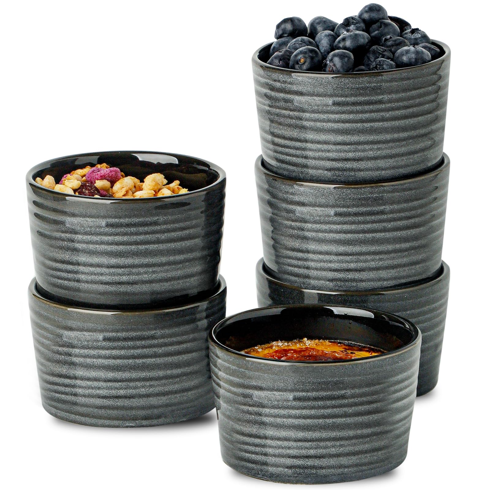 Hasense 8 oz Ceramic Ramekins Set of 6 - Oven Safe Souffle Dishes & Porcelain Dipping Bowls for Creme Brulee, Pudding, Custard, Ice Cream (Grey) - Perfect for Baking, Serving Dips & Dessert Presentation