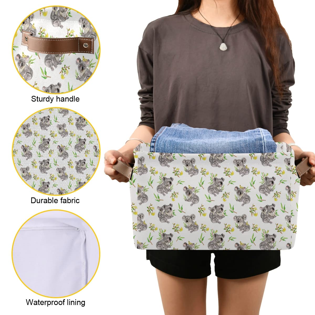 Foldable Fabric Storage Bins with Koala & Flower Design - Large Capacity Closet Organizers with Reinforced Handles (2-Pack) | Perfect for Bedroom, Closet, Nursery & Office Organization