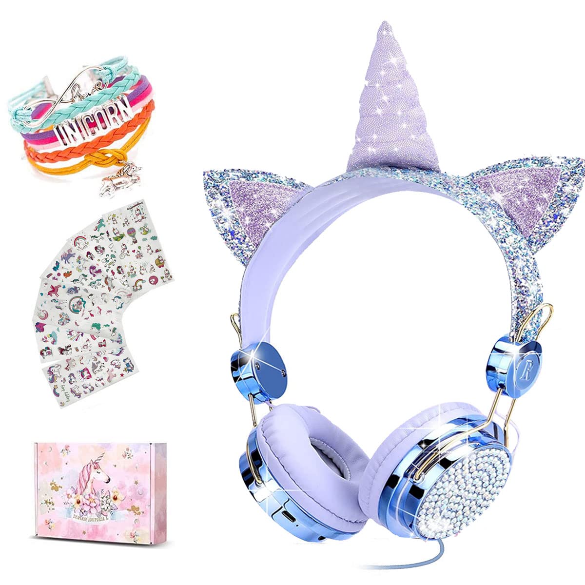 SVYHUOK Cat Ear Headphones for Kids - Cute Wired Over-Ear Headset with Microphone, 3.5mm Jack for Girls, Boys, Teens - Perfect for School, Travel, Birthday & Christmas Gifts (Princess Blue) - Ideal for Online Classes, Music Listening & Gaming