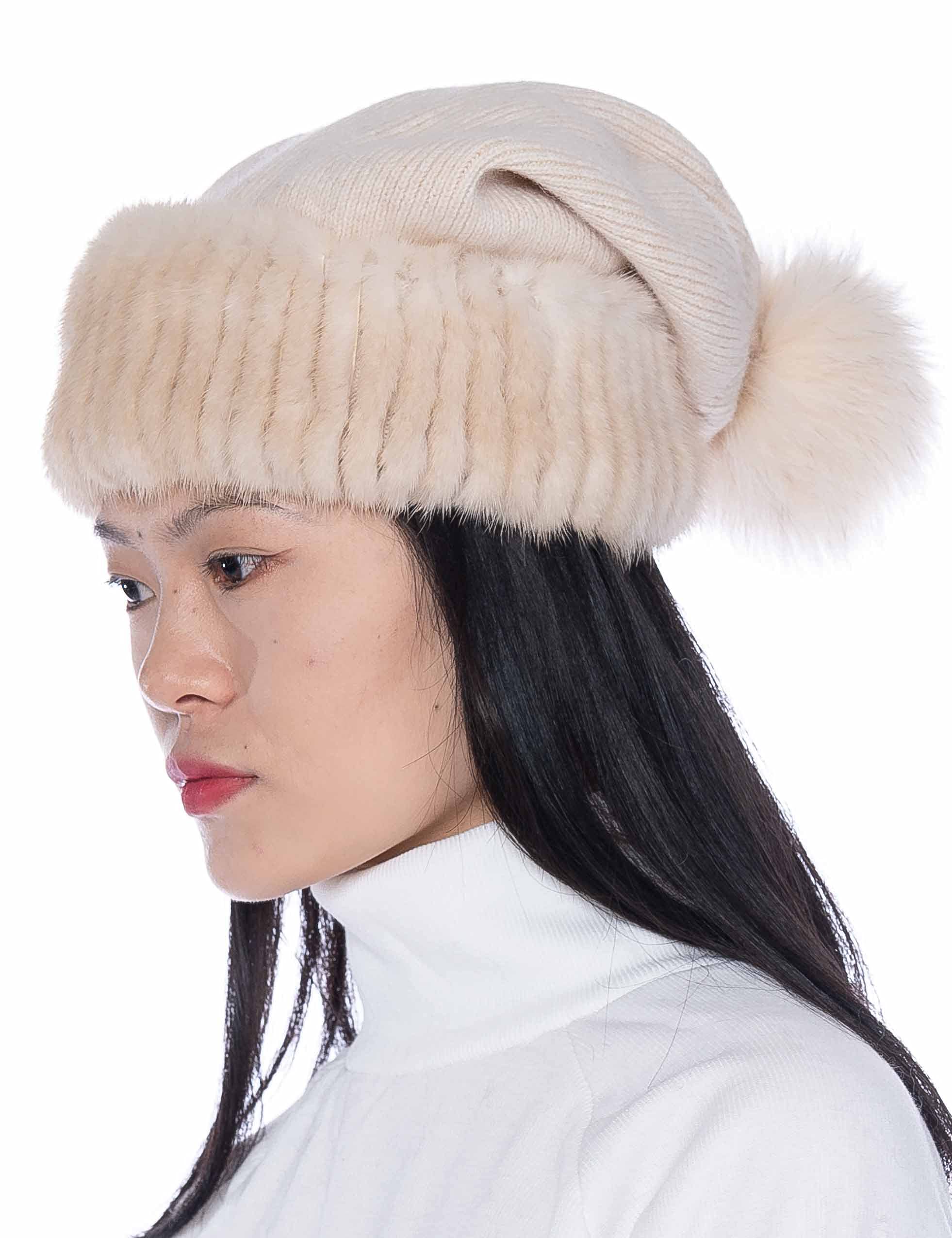 Luxury Real Mink Fur Beanie Hat for Women - Soft Fox Fur Pom Pom Winter Knit Hat - Warm & Stylish Cold Weather Accessory for Outdoor Activities, Skiing, and Fashion Winter Outfits