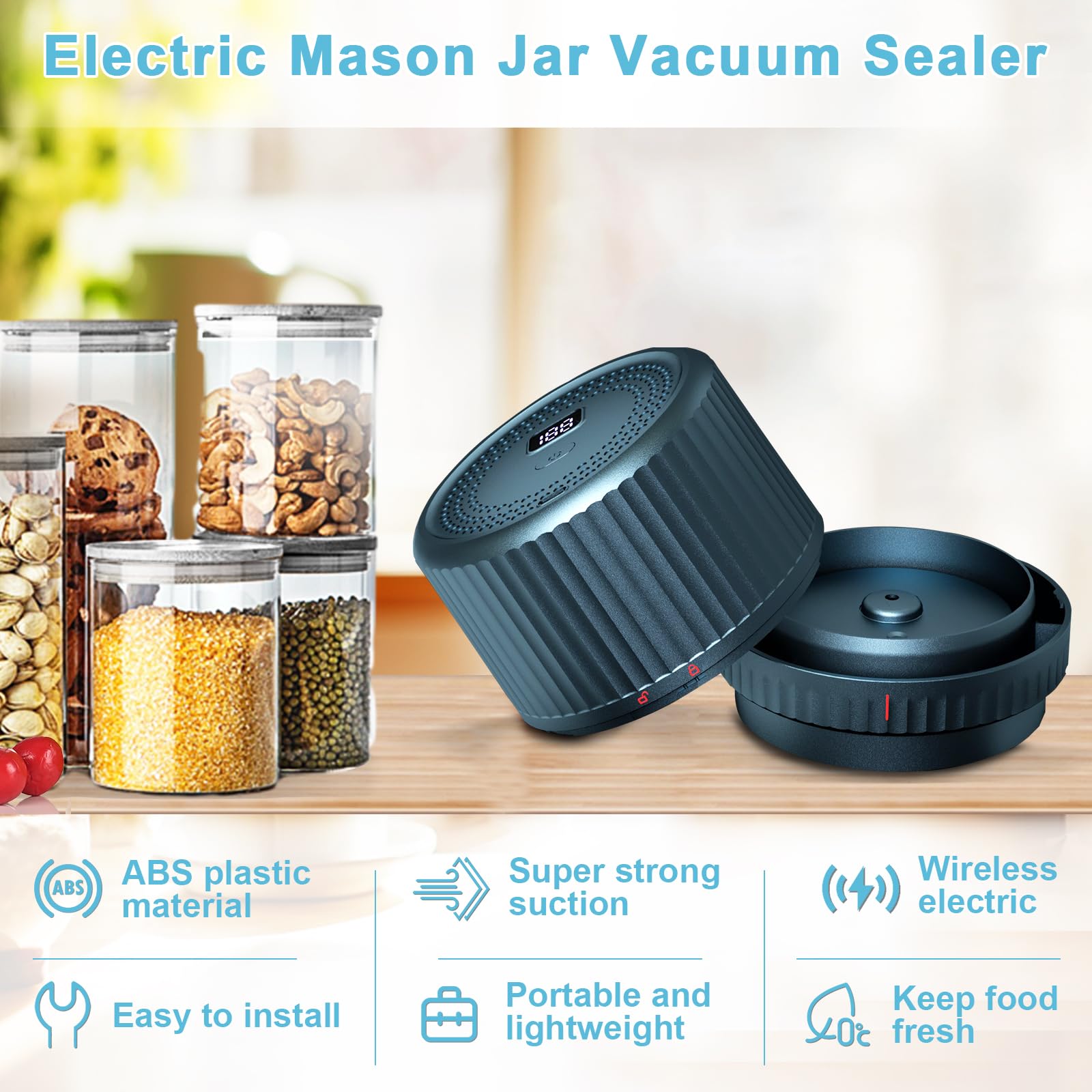 Electric Mason Jar Vacuum Sealer Kit - Cordless Wide & Regular Mouth Jar Sealer with 2000mAh Battery & 85KPa Vacuum for Food Storage | Preserve Fruits, Vegetables, Dry Goods & Meal Prep | Blue