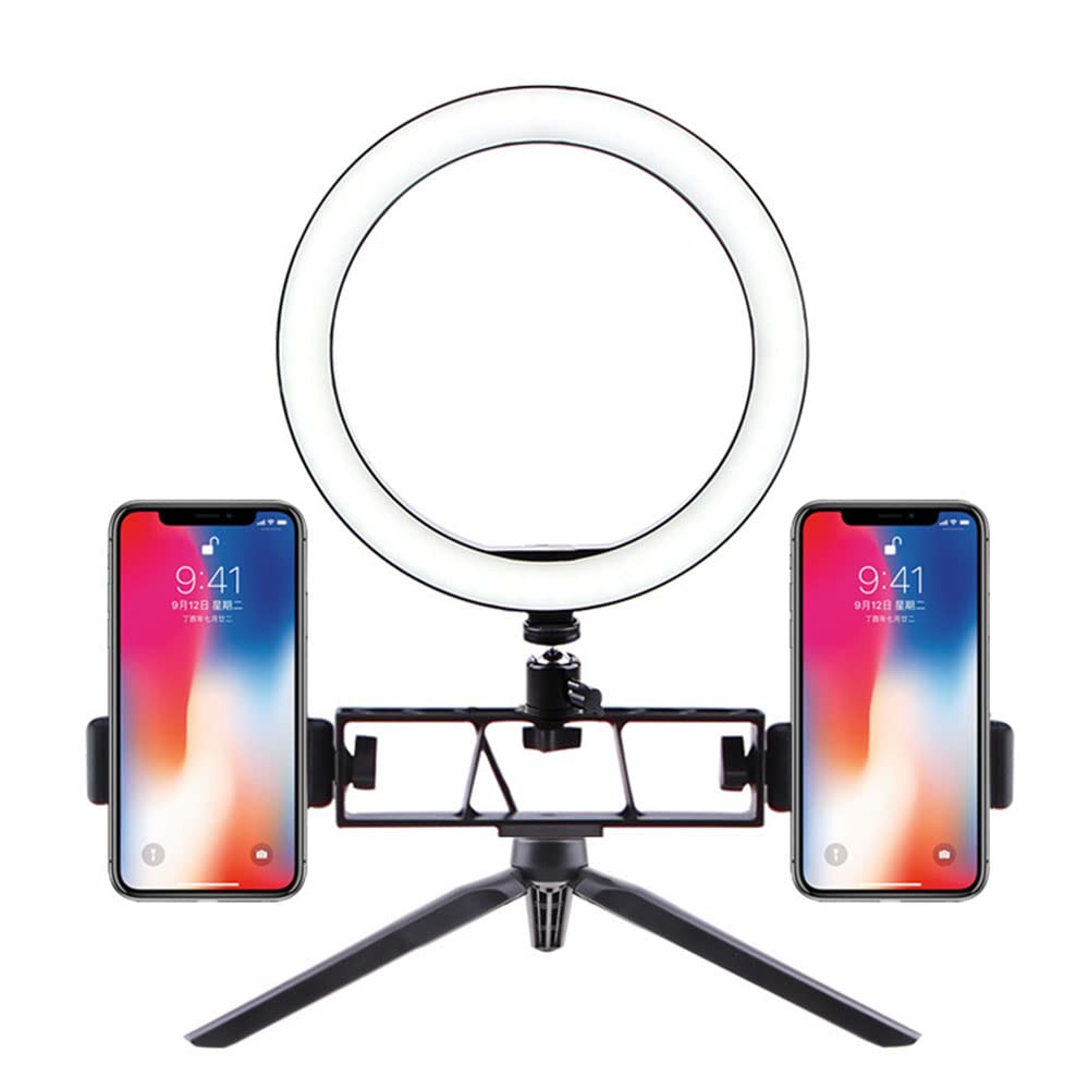MINJUK Desktop Tripod Fill Light with Dual Camera - Adjustable Ring Light for Phone Live Streaming, Selfie Photography, YouTube Videos & Video Conferencing