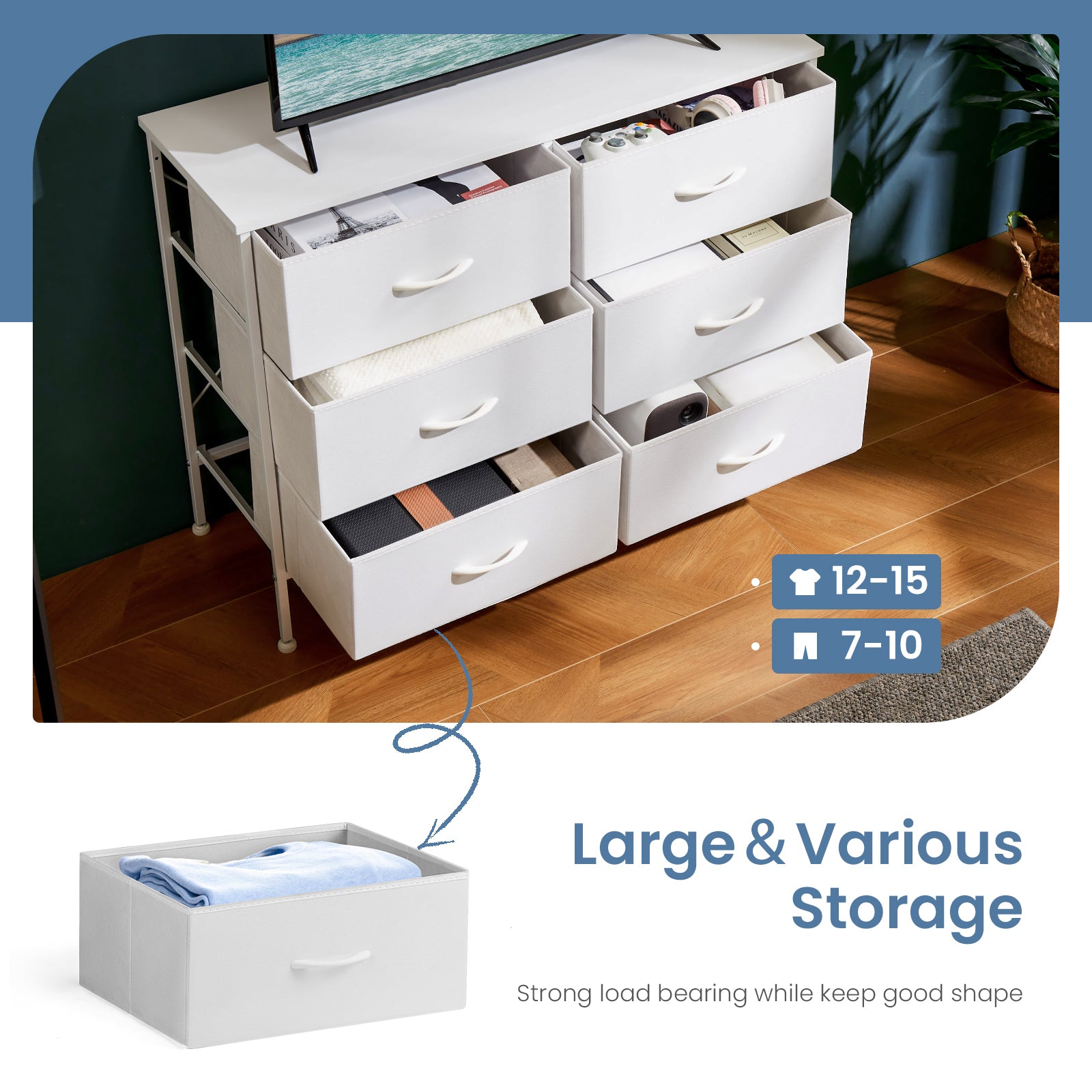 6-Drawer Wide Fabric Dresser for Bedroom with Metal Frame & Wooden Top - TV Stand, Clothes Storage Organizer for Master Bedroom, Guest Room & Dormitory