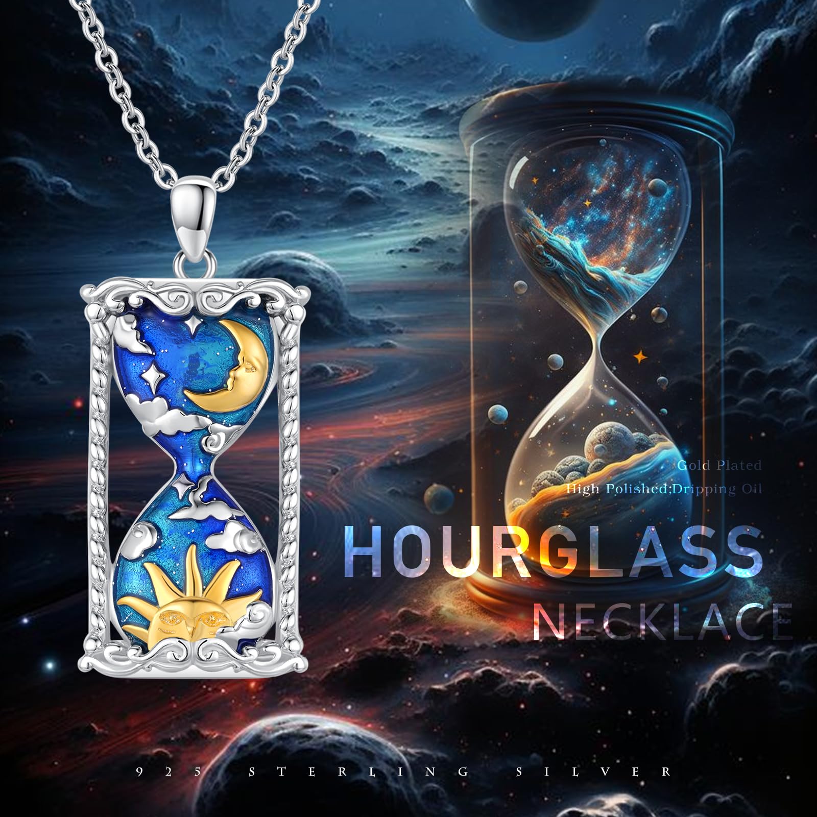 925 Sterling Silver Moon and Stars Hourglass Pendant Necklace for Women - Perfect for Gifts, Layering & Boho Jewelry Looks