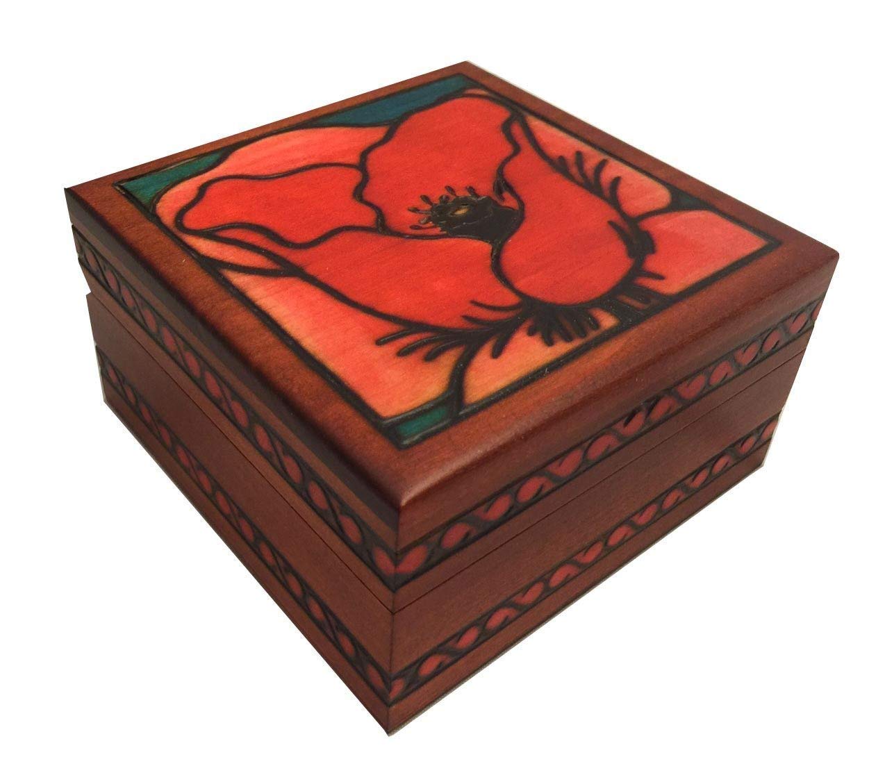 Handmade Wooden Decorative Box with Red Poppy Design - Jewelry Keepsake & Gift Box for Home Decor, Wedding Favors, and Storage (6x4 Inches)