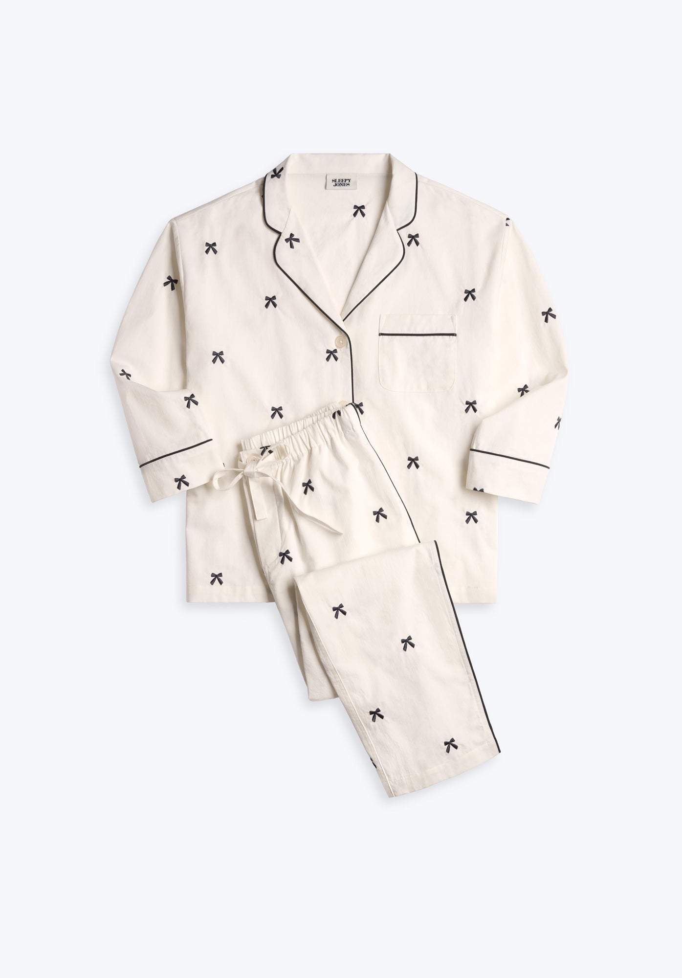 Navy Blue Embroidered Bow Pajama Set for Women - Soft Sleepwear & Lounge Outfit for Cozy Nights and Relaxing at Home