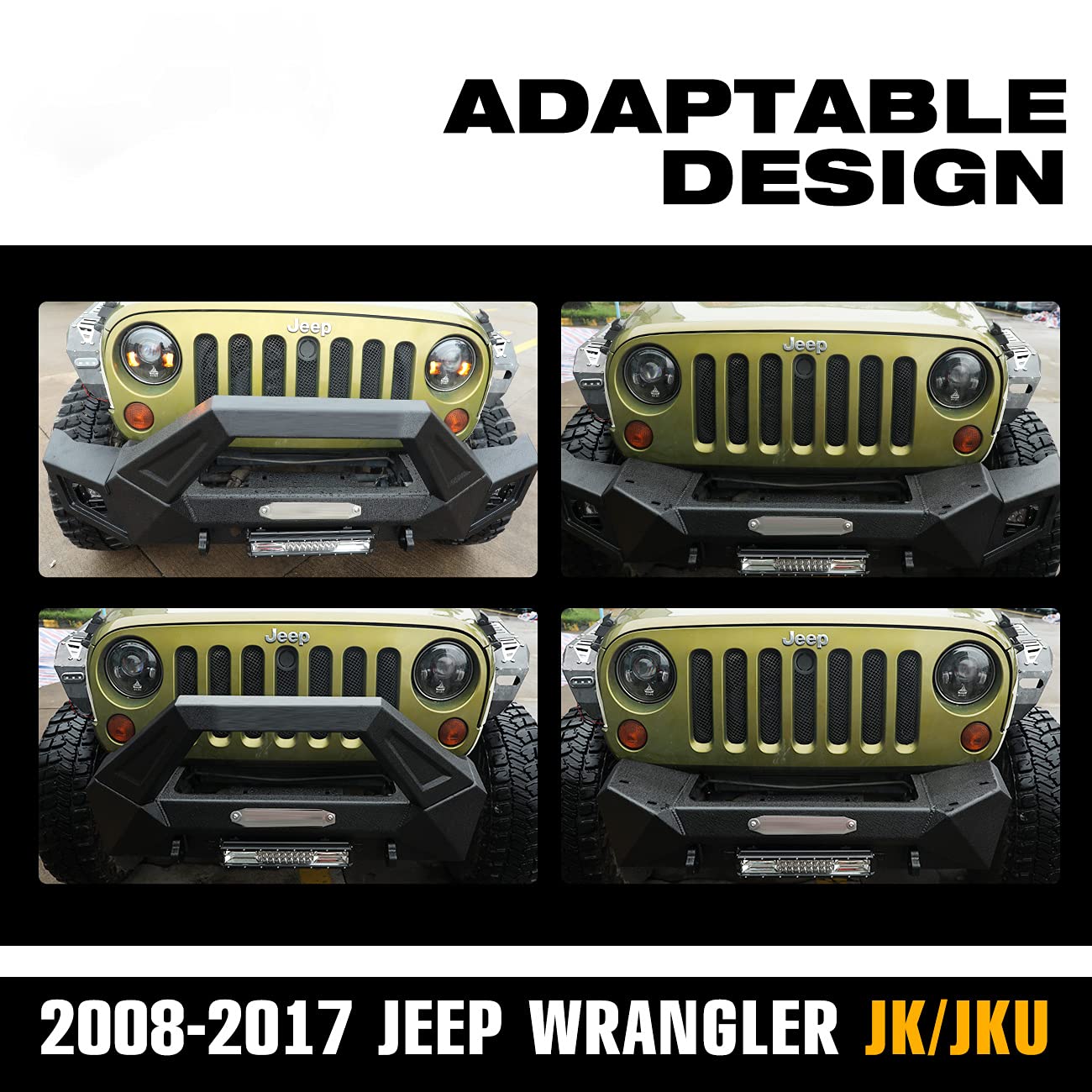 2008-2017 Jeep Wrangler JK/JKU Heavy Duty Front Bumper with LED Lights & Winch Plate - Textured Black Steel Replacement Bumper for Off-Roading, Rock Crawling & Adventure Driving