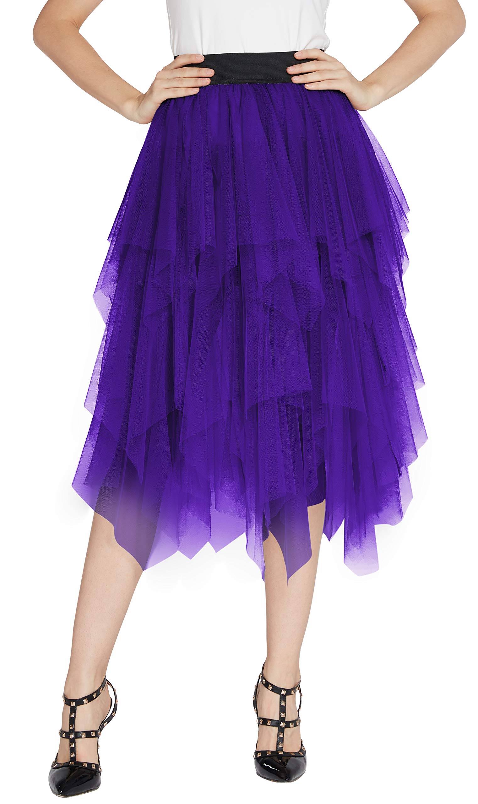 Elegant Women's Mesh Layered Tulle Skirt - Sheer Tutu Midi Skirt for Party & Wedding (Deep Purple, Size L) | Perfect for Dances, Bridesmaids & Special Occasions