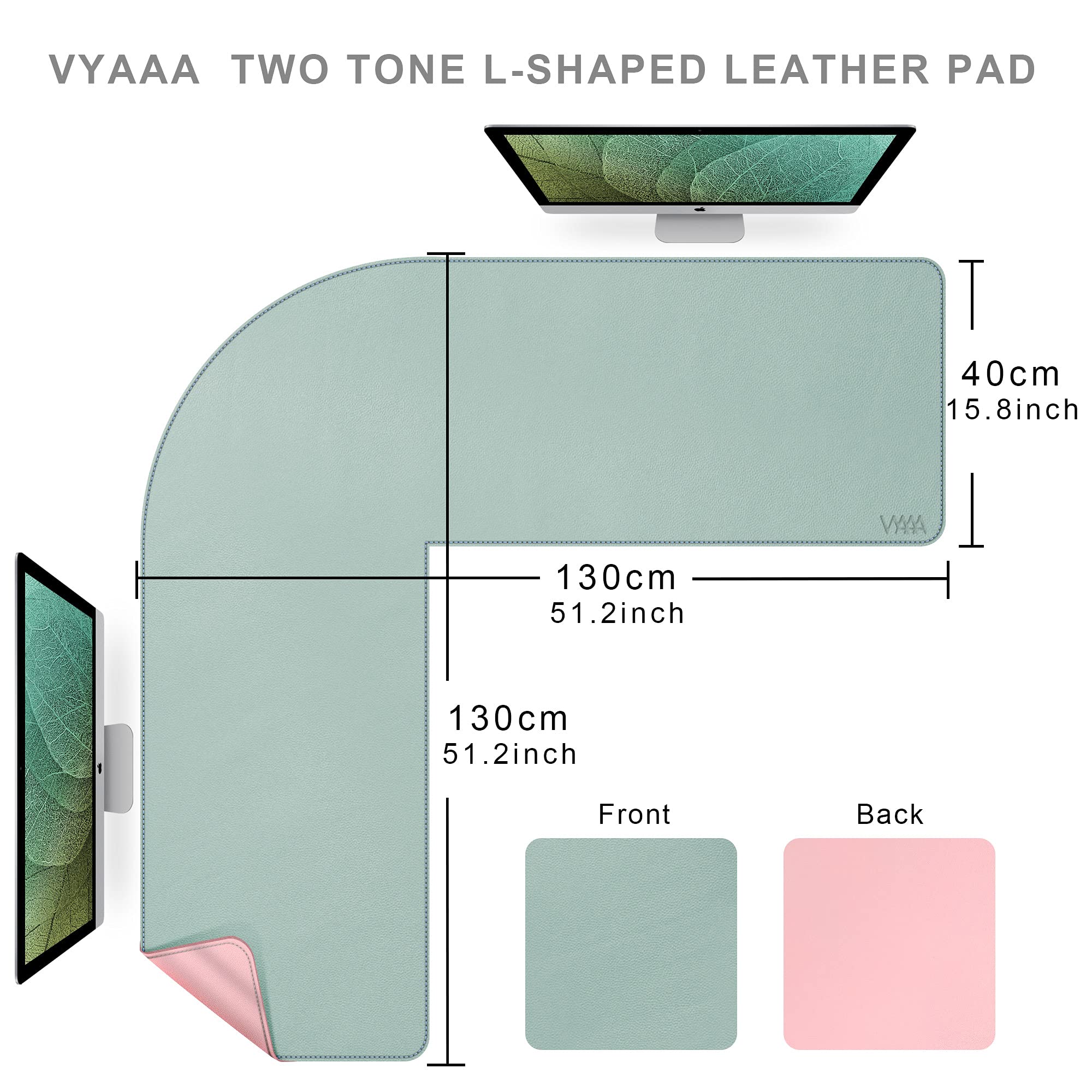 Vyaaa L-Shaped Leather Desk Pad Protector - Large Corner Desk Mat for Computer & Laptop, Double Sided Office Desk Blotter (51