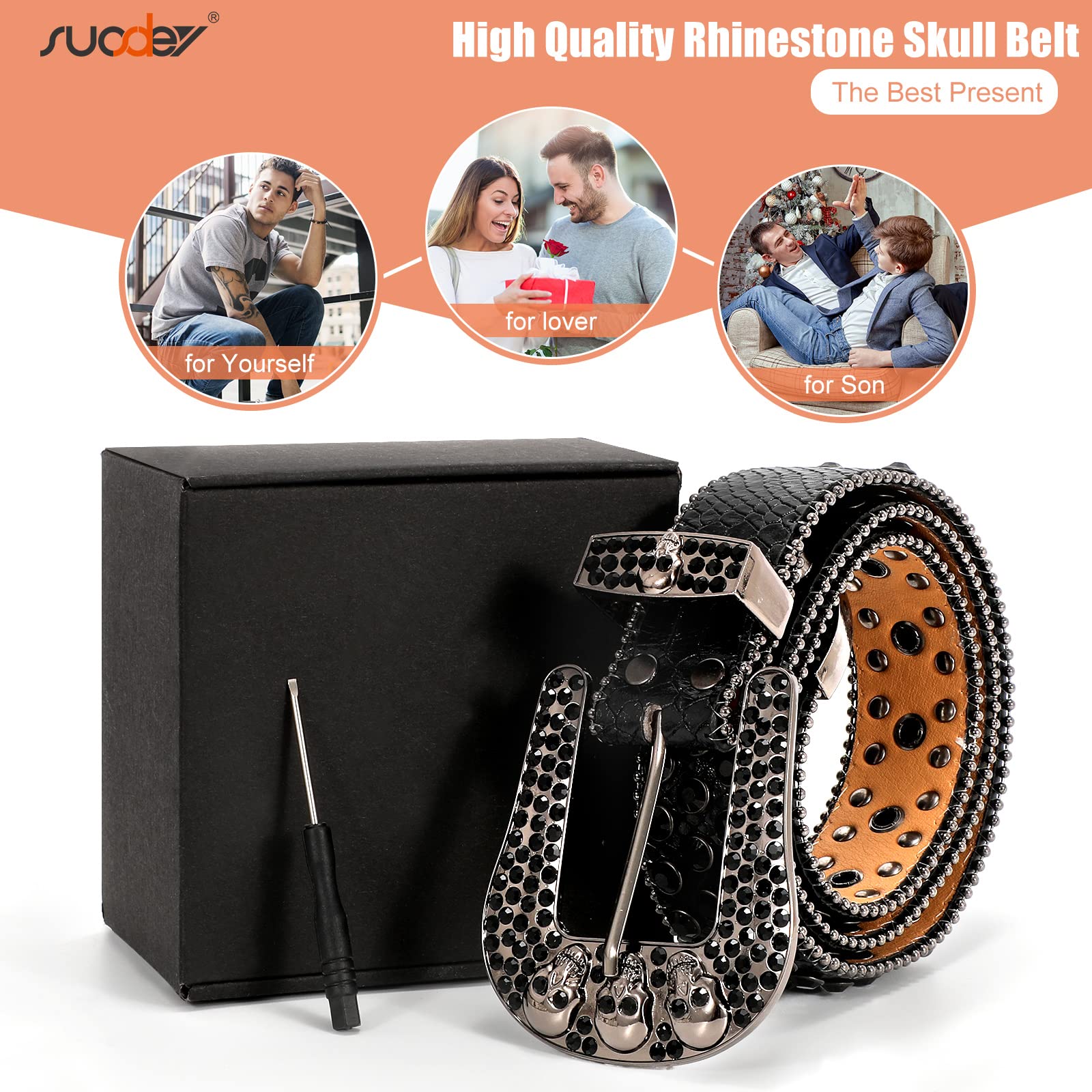 SUOSDEY Rhinestone Skull Belt for Men & Women - Punk Fashion Studded Leather Belt with Bling for Jeans, Pants & Jackets | Perfect for Gothic, Rocker & Edgy Outfits