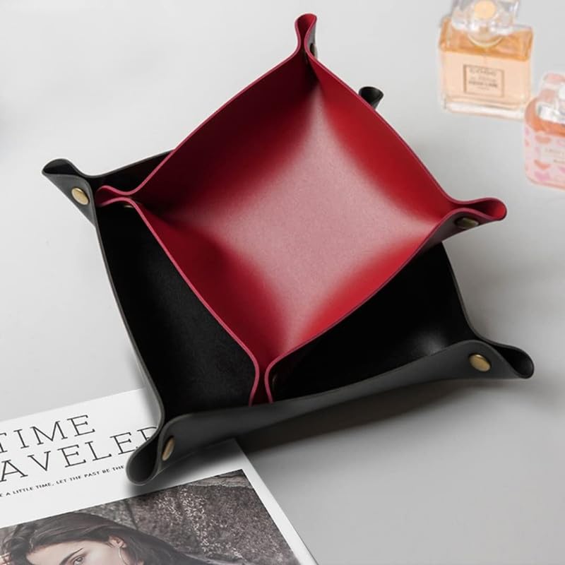 Omdhanu Genuine Leather Jewelry Valet Tray - Foldable Storage Organizer for Jewelry, Perfume & Cosmetics | Office Desk Accessory & Travel Essential (1PC) - Perfect for Home, Office & Travel Organization
