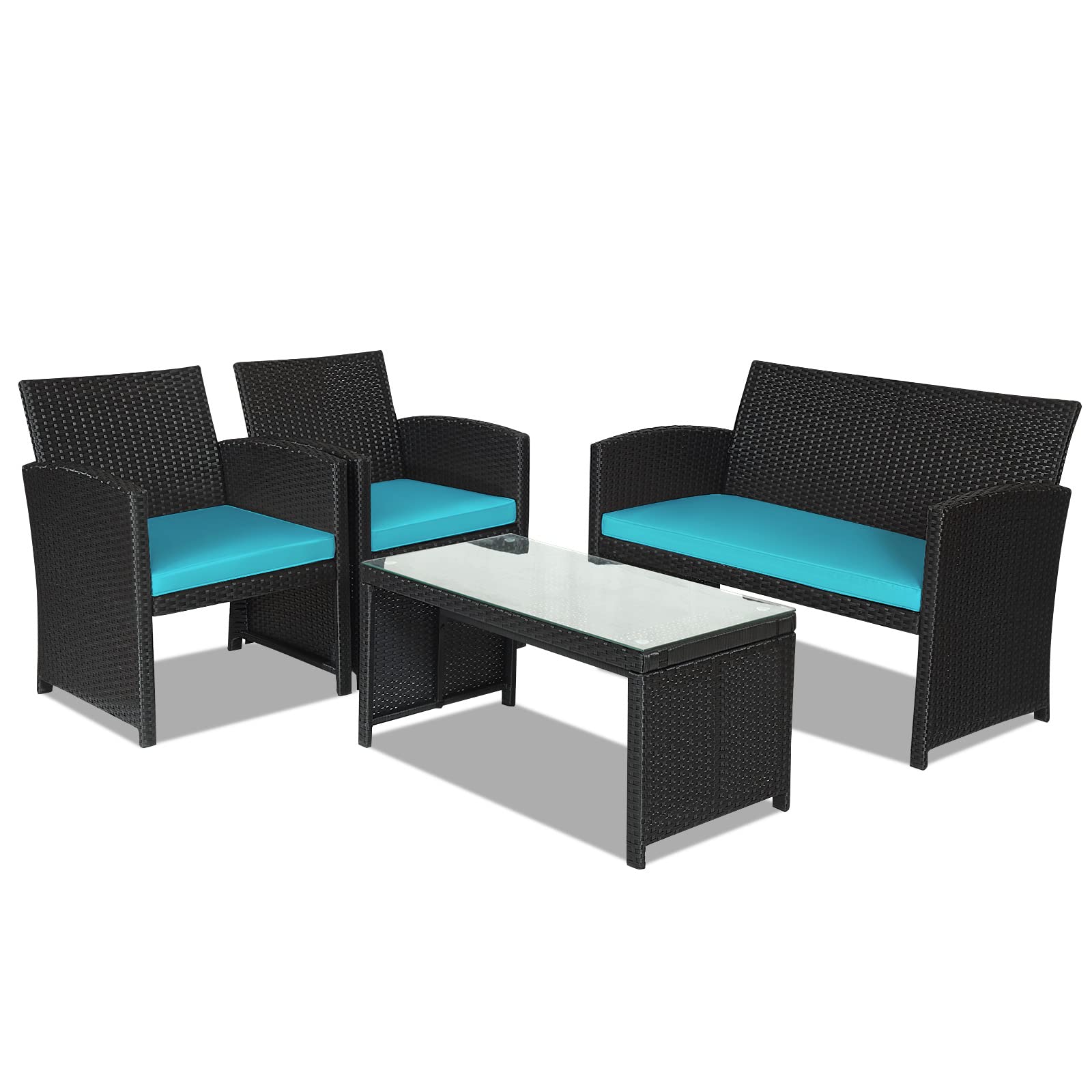 Goplus 4-Piece Rattan Patio Furniture Set - Outdoor Wicker Sofa & Coffee Table with Soft Cushions & Tempered Glass - Turquoise Conversation Set for Balcony, Garden, Backyard, Poolside & Outdoor Entertaining