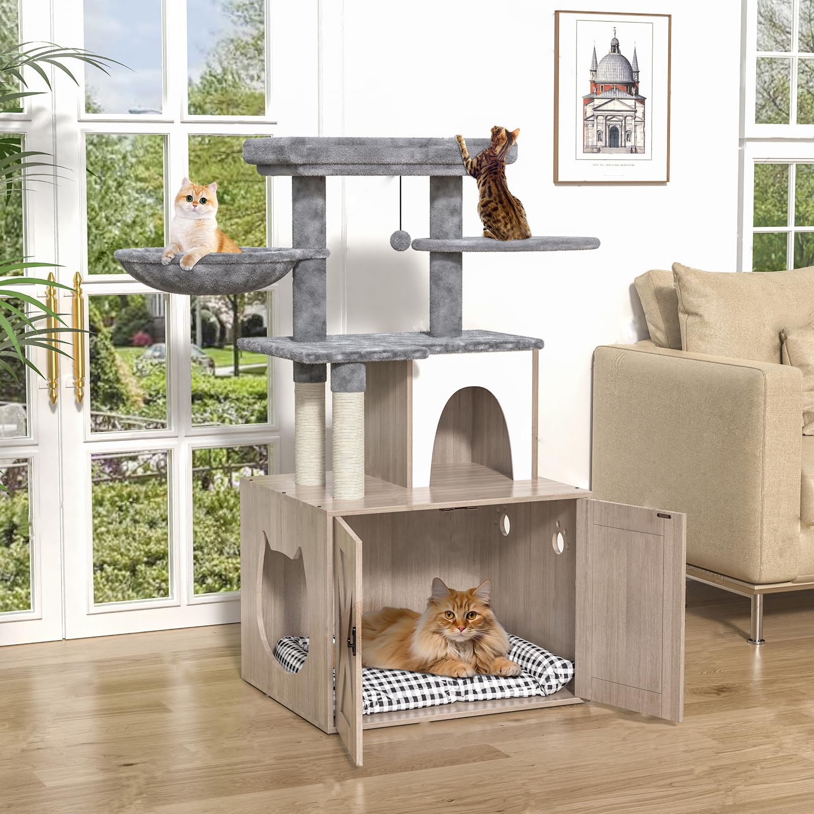 Hidden Cat Litter Box Enclosure with Multi-Level Cat Tree - Sisal Scratching Post, Hammocks, Condo & Plush Perch - Grey Pet Furniture for Home Décor & Space Saving Cat Solution
