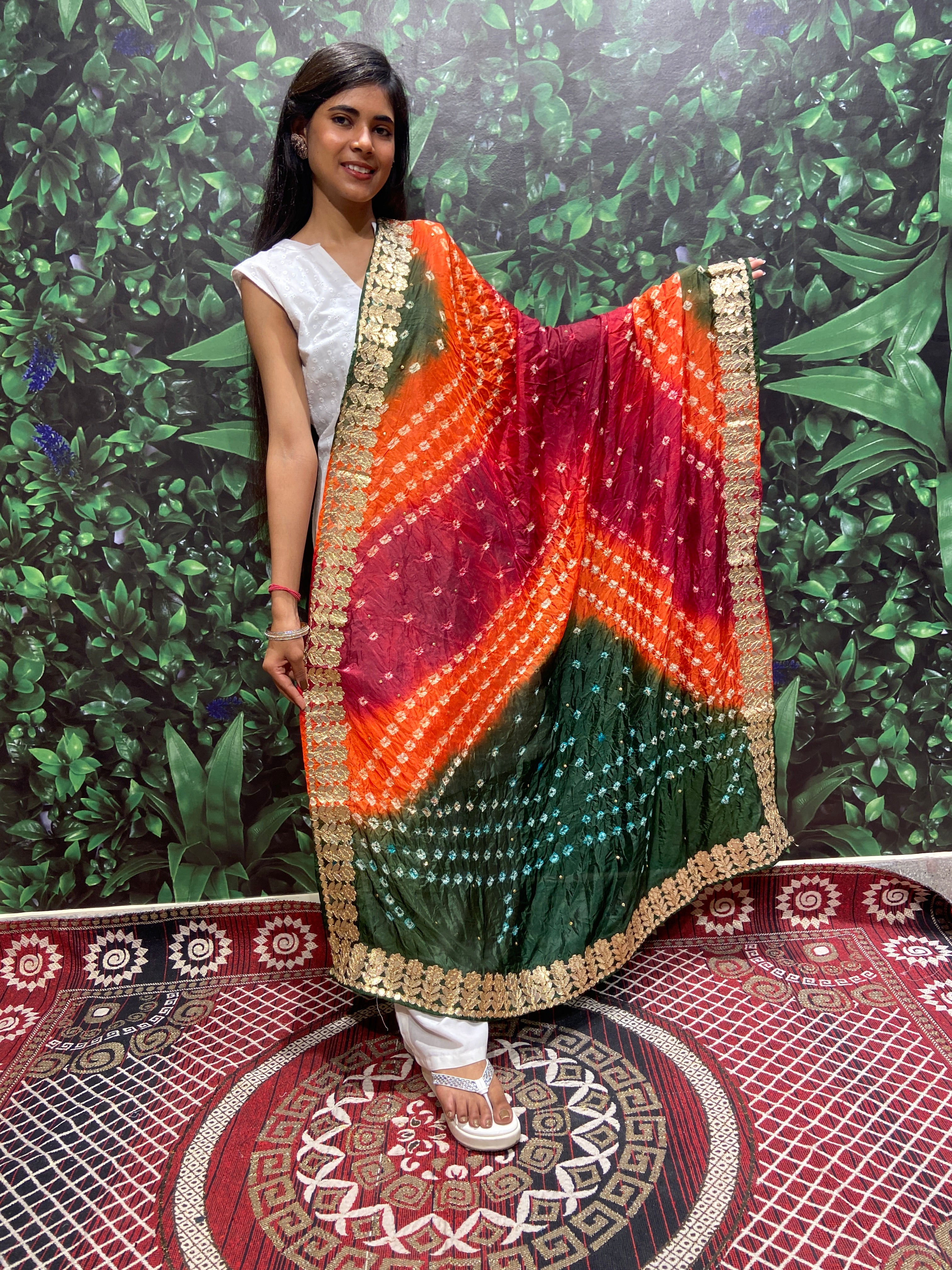 Elegant Dark Green & Multicolor Silk Bandhej Gota Patti Embroidered Dupatta Scarf for Women (D133) - Perfect for Weddings, Parties & Ethnic Outfits