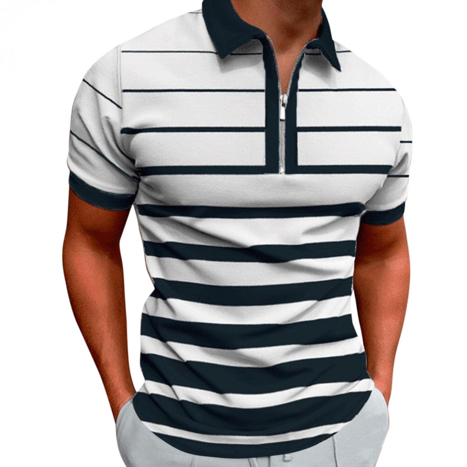 Sertiohcv Men's Dry Fit Short Sleeve Golf Polo Shirt - Breathable Striped Print Zipper Lapel T-Shirt for Casual & Sports Wear - Perfect for Golf, Tennis, Office & Outdoor Activities