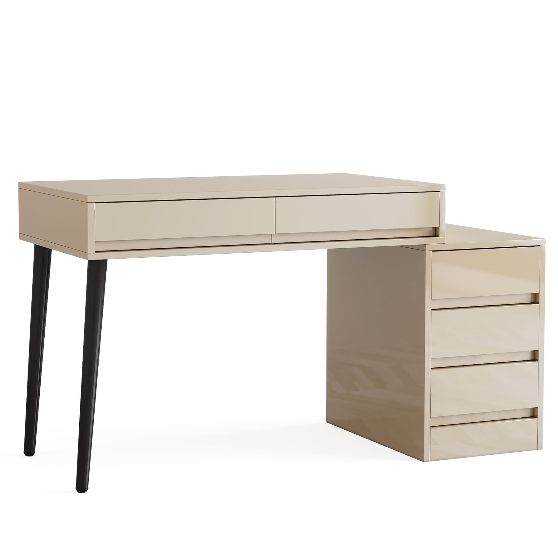 Tribesigns 5-Drawer Vanity Desk with Reversible Cabinet - High Gloss Makeup Table & Computer Desk for Bedroom or Office, Beige (No Mirror) - Perfect for Cosmetics Storage, Workstation & Home Office Organization