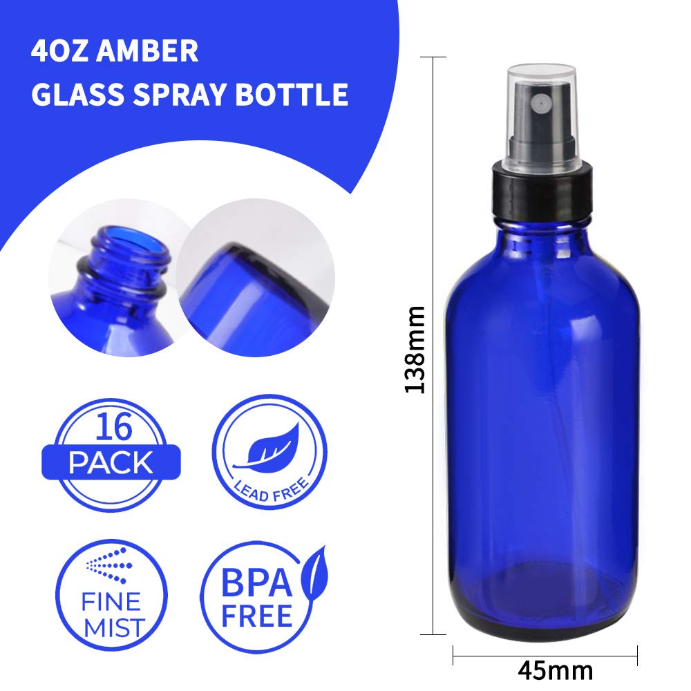 STARSIDE 16 Pack 4oz (120ml) Blue Glass Spray Bottles with Fine Mist Nozzle & Dust Cap - Refillable for Essential Oils, Perfume, Cleaning Solutions - Includes 1 Brush, 2 Funnels, 2 Droppers & 18 Labels - Perfect for DIY, Home, Salon & Travel Use