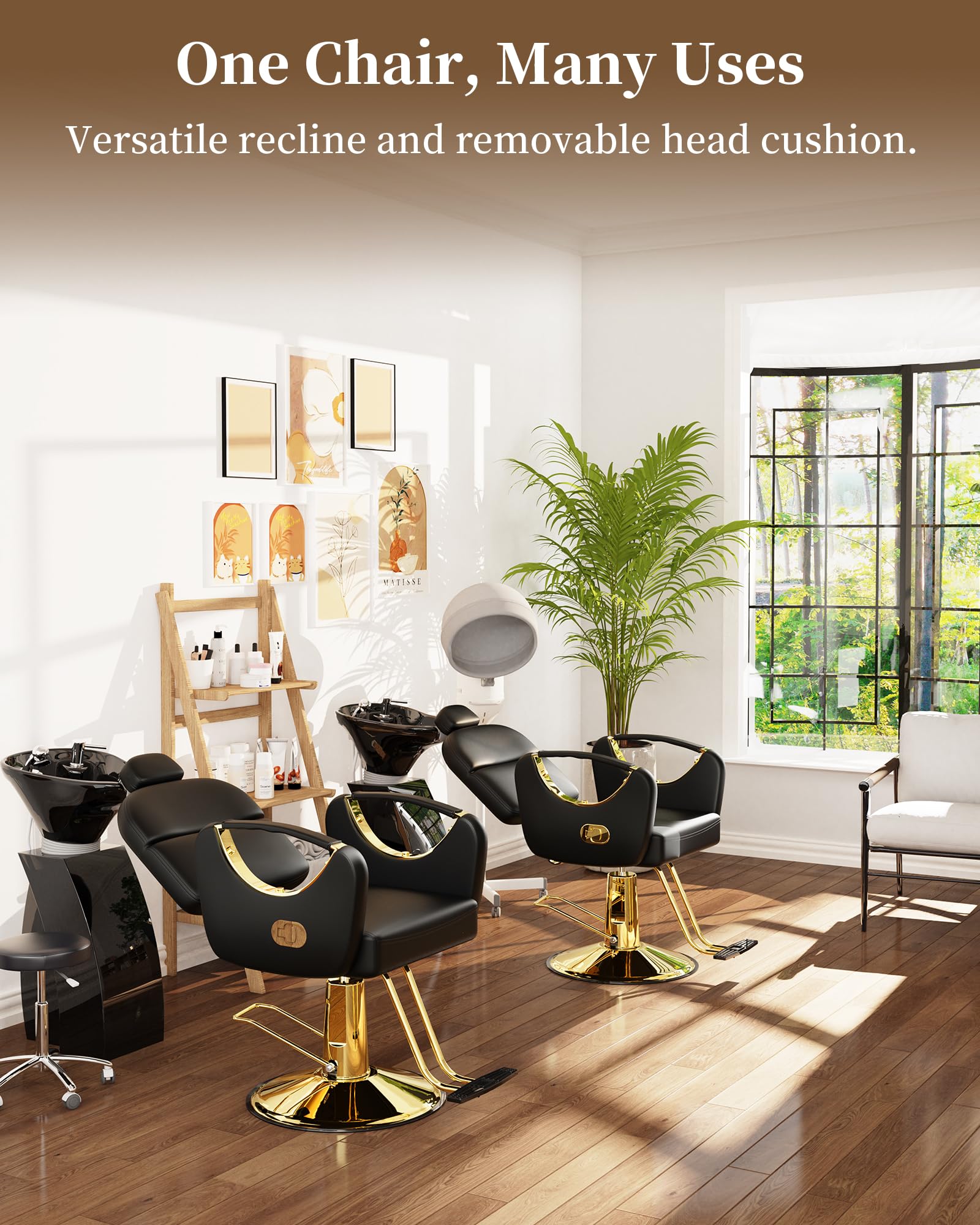 Baasha Black and Gold Reclining Salon Chair with Removable Headrest - Heavy Duty Hydraulic Stylist Chair for Hair Salons, 360° Swivel & 440 lbs Weight Capacity - Perfect for Barber Shops, Beauty Salons & Home Styling Stations