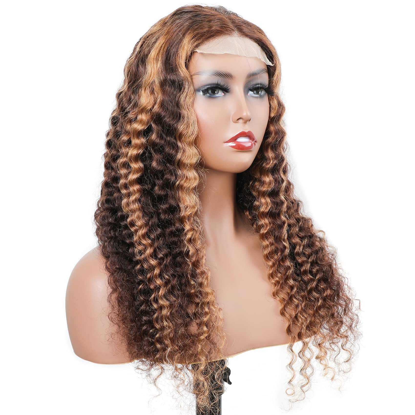 BLY Highlight Human Hair Lace Front Wigs - 22 Inch Deep Wave #4/27 Ombre Glueless Wig with Pre-Plucked Hairline, 4x4 Transparent Lace, 180% Density Honey Blonde Curly Water Wave - Perfect for Daily Wear, Cosplay & Special Occasions