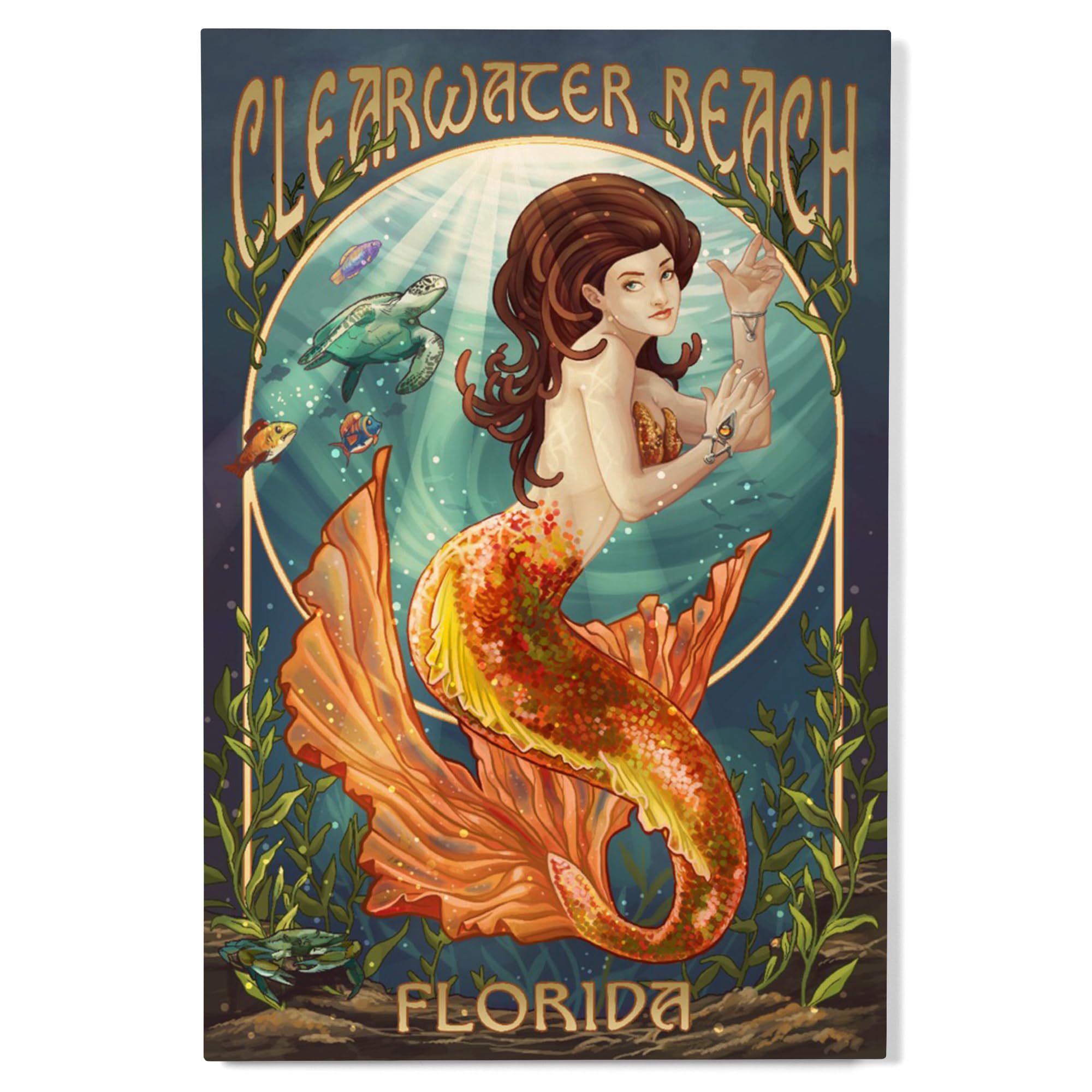 Lantern Press 12x18 Inch Premium Wood Wall Sign - Ready to Hang Coastal Decor - Clearwater Beach Florida Mermaid Art - Perfect for Beach House, Living Room or Gift