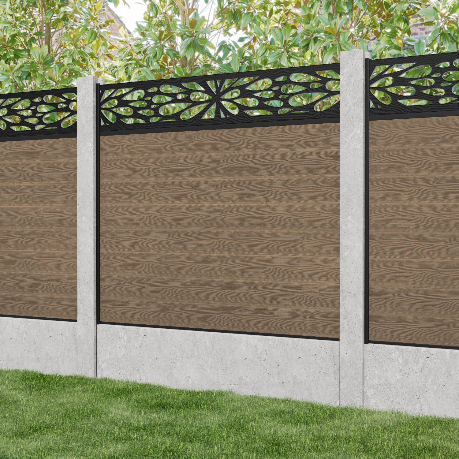 Classic Blossom Teak Wood Fence Panel for Concrete Posts - Durable Outdoor Garden Fence for Backyard, Patio, and Poolside Privacy