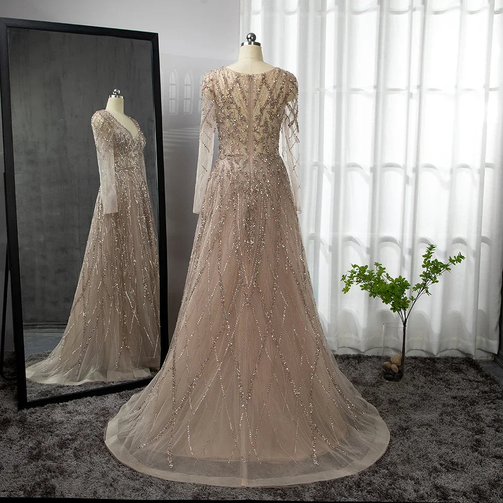 Serene Hill Arabic Turquoise A-Line Sweetheart Long Sleeves Beaded Evening Gown for Women - Formal Party, Prom, Wedding Guest Dress 2025 LA71793