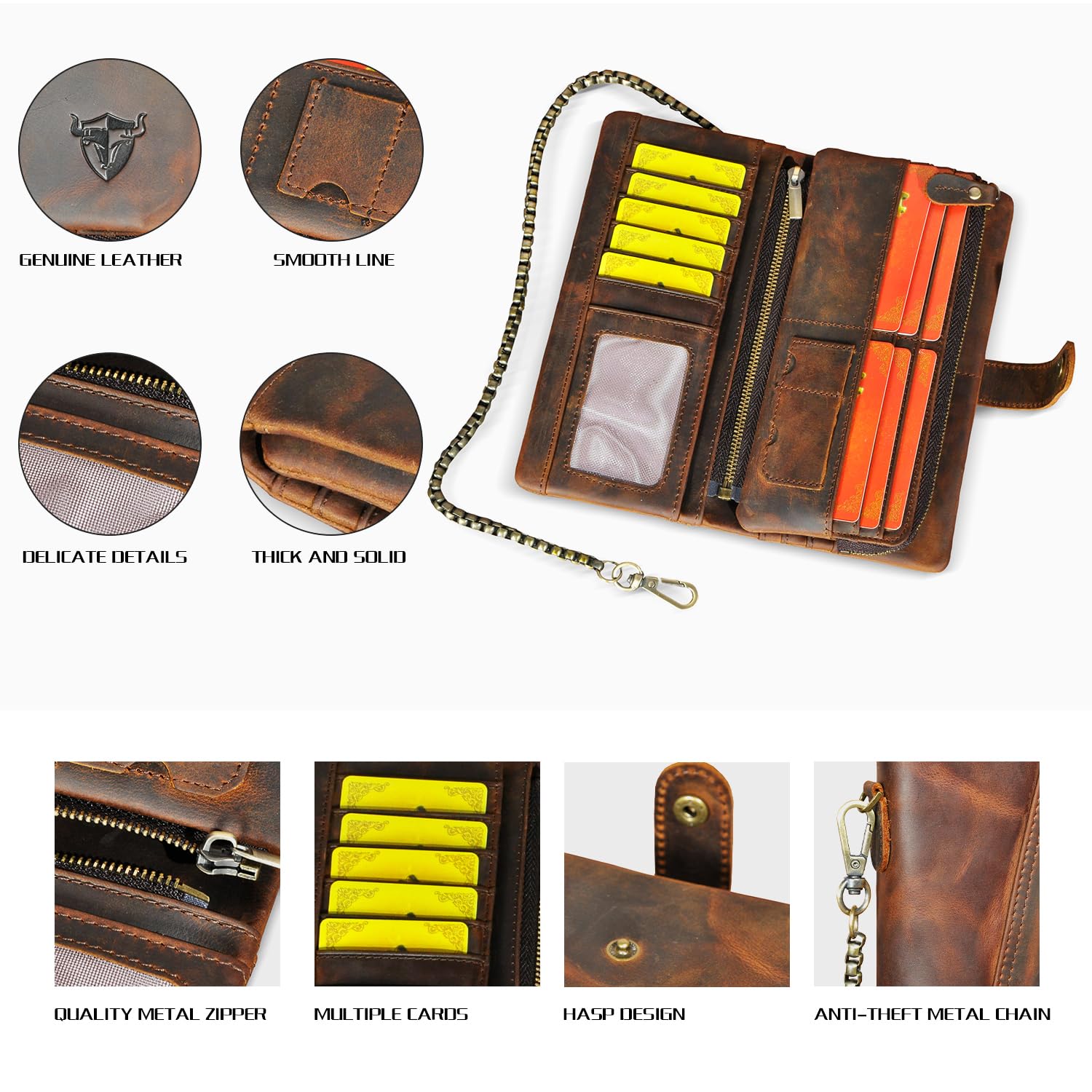 Authentic Crazy Horse Leather RFID Blocking Wallet for Men - Slim Travel Card Holder with Snap Closure & Detachable Chain - Perfect for Everyday Use, Business Trips, and Gift Giving (1803 Brown)