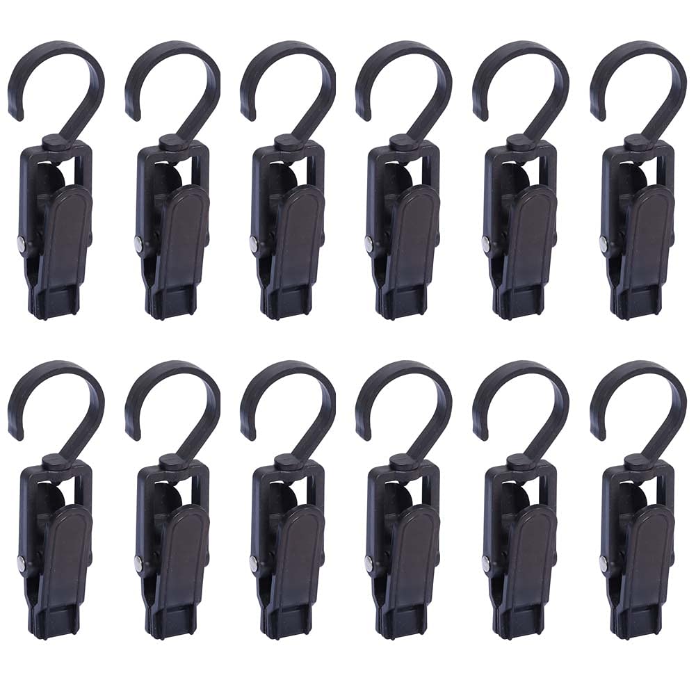 12 Pack Rotating Laundry Hooks - Heavy Duty Plastic Clothes Pins for Hanging Clothes, Curtains, Tarps & Tents | Perfect for Home, Office, Travel, Camping & Outdoor Activities (Black)