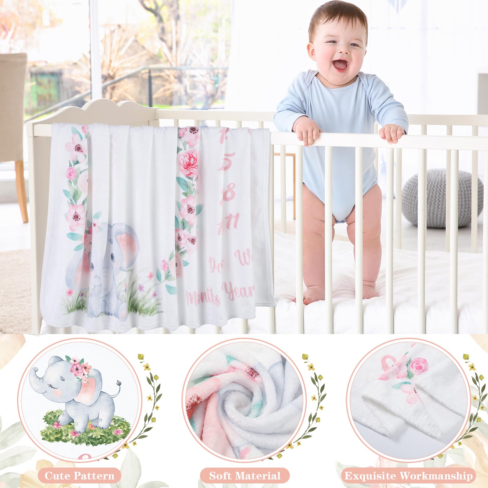 6TXD Baby Milestone Blanket - Soft Fleece Newborn Photography Blanket for Girls & Boys - 50x39 Inches with Wooden Signs, Frames & Bow Headband - Perfect for Monthly Photo Shoots, First Birthday & Nursery Decor