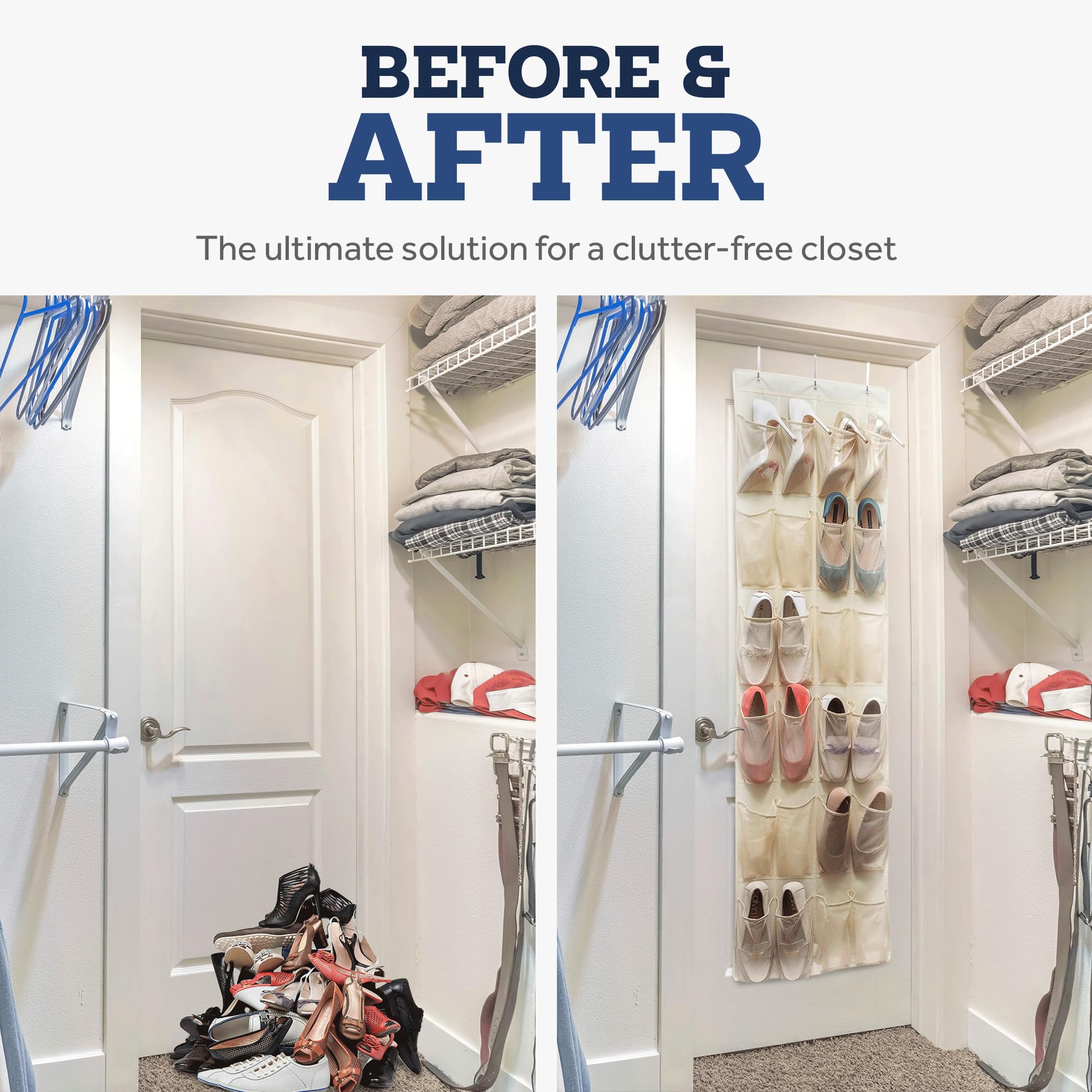 ZOBER Over the Door Shoe Organizer with 24 Mesh Pockets - Space Saving Hanging Storage for Shoes, Towels, Toys & Pantry Items - Perfect for Closet, Bedroom, Bathroom & Entryway Organization