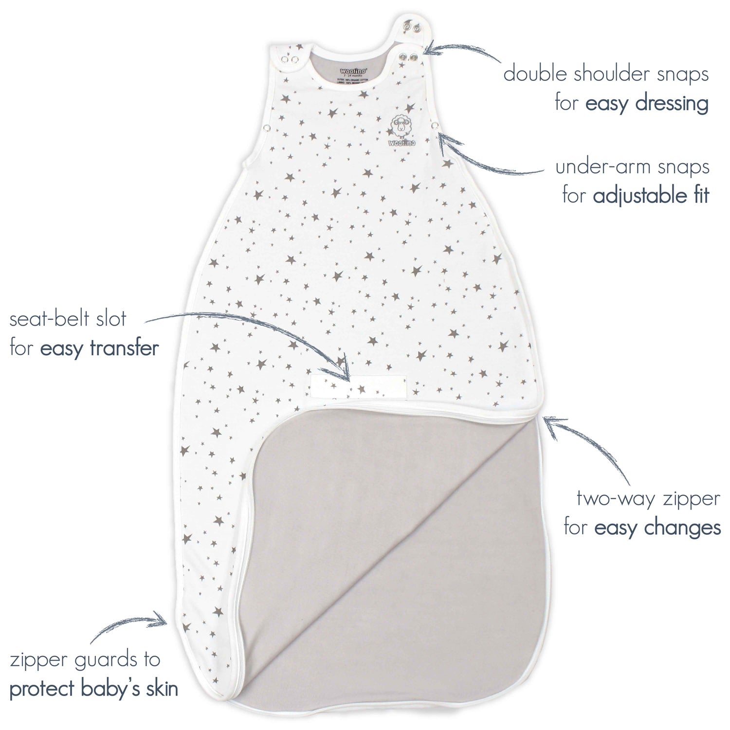 4 Season Baby Sleep Sack - Merino Wool & Organic Cotton Sleeping Bag for Toddlers 2-4 Years - Glow in The Dark Stars Design - Perfect for Nursery, Daycare & Travel