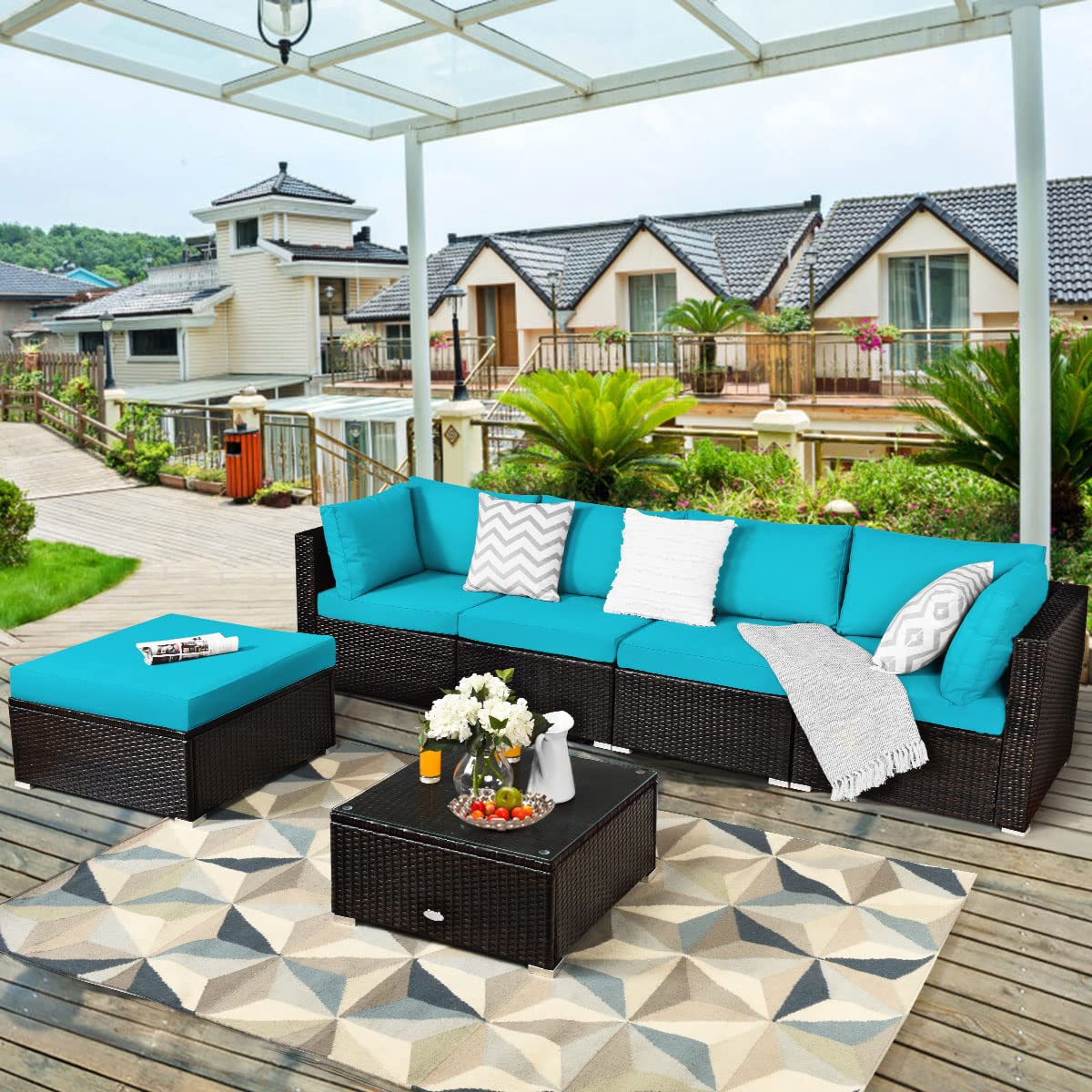 **Tangkula 6-Piece Patio Furniture Set - Durable Steel Frame & PE Rattan Wicker Outdoor Sectional Sofa with Coffee Table - Turquoise - Perfect for Backyard, Deck, Lawn, and Garden Relaxation**