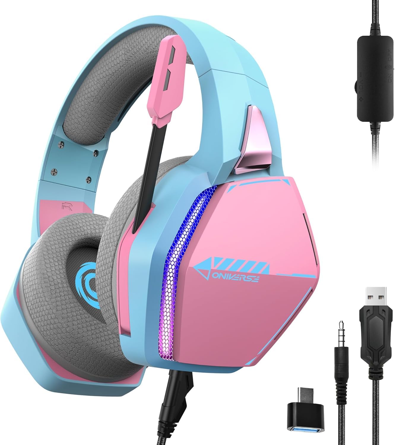 Oniverse Wired Stereo Gaming Headset with Adjustable Mic, 50mm Speakers & LED Lights - Compatible with PS5, PS4, Switch, Xbox, PC, MAC - Soft Fabric Ear Cushions in Diva Pink/Rose (Nebula) - Perfect for Competitive Gaming, Streaming & Online Chat