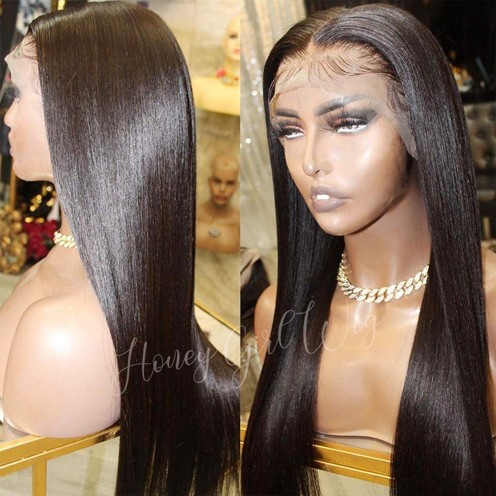 Brazilian Virgin Remy Human Hair Lace Front Wig for Black Women - 150% Density Silky Straight Glueless Wig with Baby Hair & Bleached Knots, Pre-Plucked, Natural Color, 14