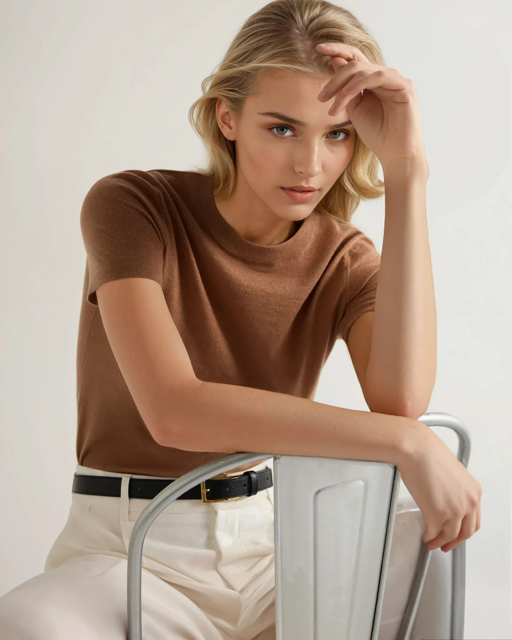Premium Women's Isla Superfine Cashmere T-Shirt - Dark Camel Brown | Soft Luxury Tee for Everyday Wear & Special Occasions