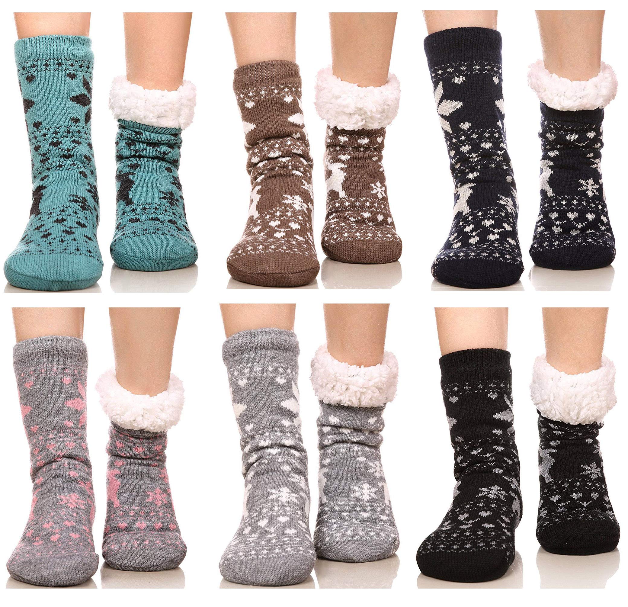 FRALOSHA Women's Fuzzy Warm Slipper Socks Set - 6 Pairs Cozy Anti-Skid House Socks for Winter, Soft Lined Indoor Floor Socks with Gift Box - Perfect for Christmas Gifts, Home Comfort & Cold Weather Wear