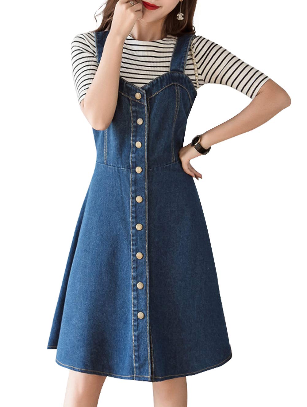 Women's Sweetheart Neck Knee-Length Pinafore Midi Denim Skirt Dress - Casual Vintage Overalls for Spring & Summer Outfits, Date Night, and Weekend Wear