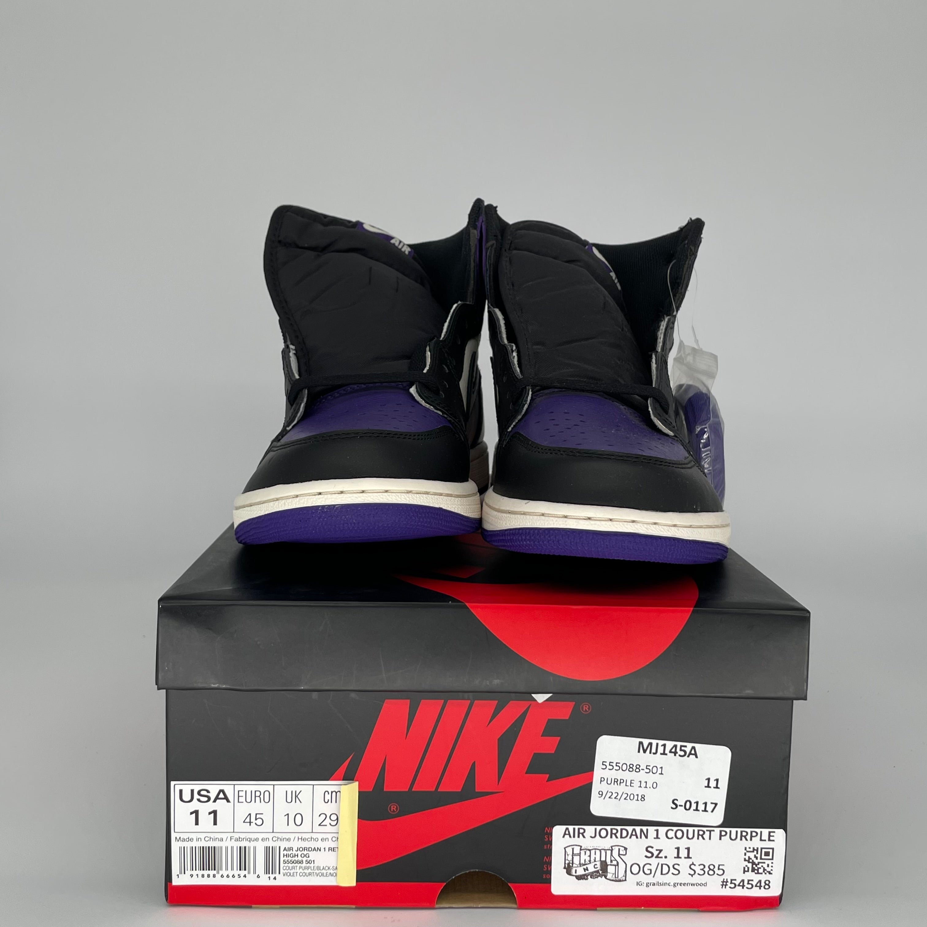 Original: AIR JORDAN 1 COURT PURPLE SIZE 11 555088 501   Optimized: Air Jordan 1 Retro High OG 