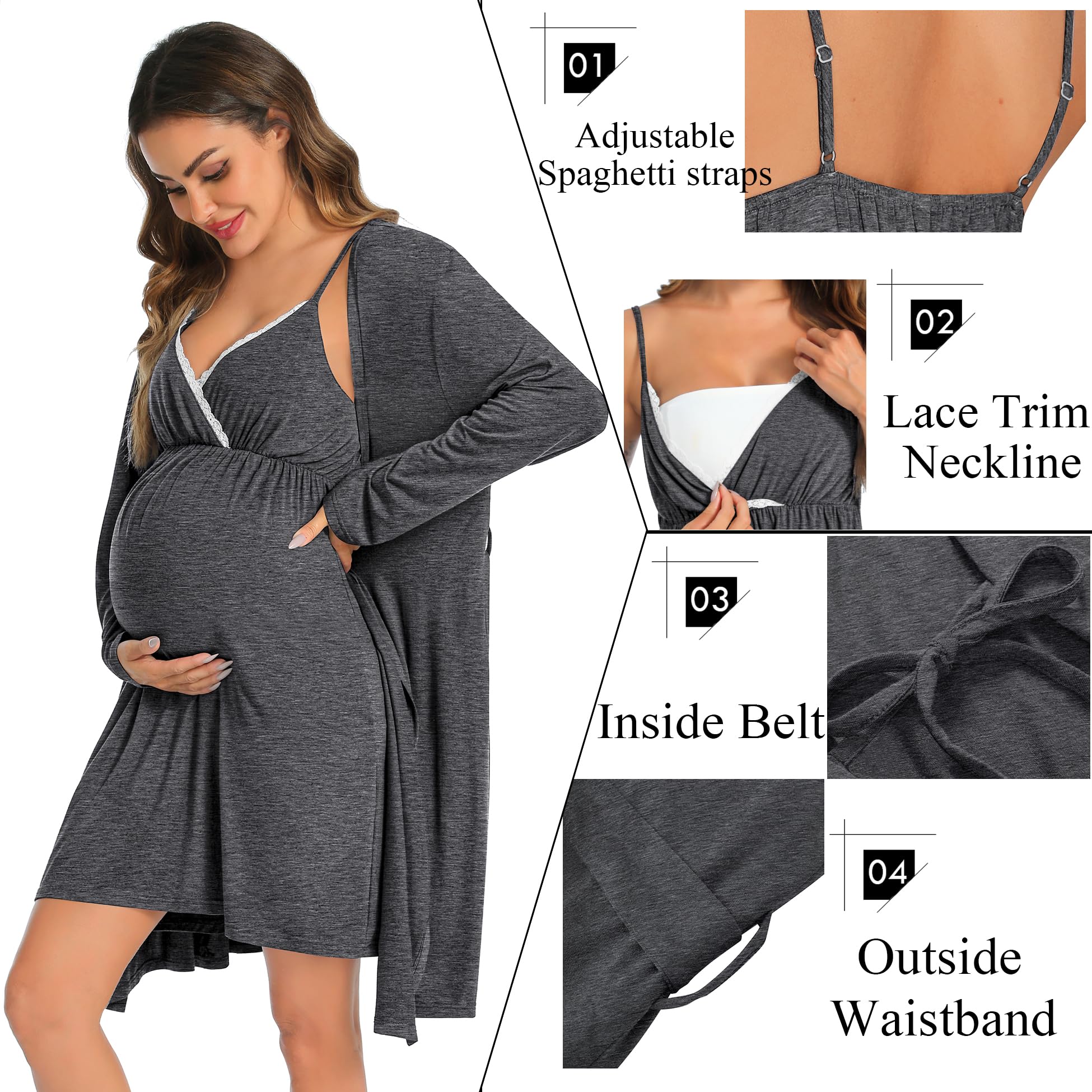 SWOMOG Women's Maternity Robe & Nursing Nightgown - 3-in-1 Breastfeeding Dress with Lace Trim, Labor Delivery Gown & Bathrobe for New Moms - Perfect for Hospital Stay, Nursing at Home & Relaxing