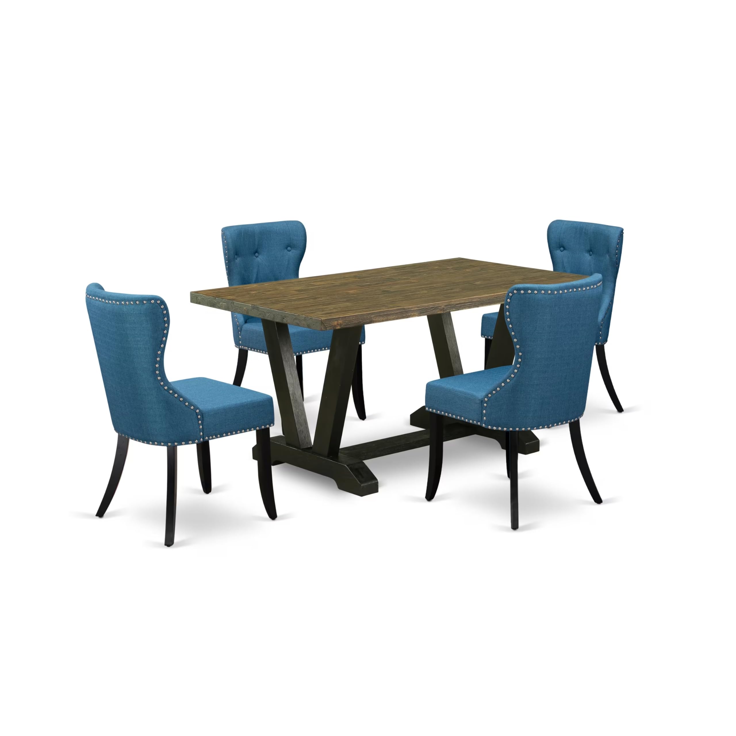 East West Furniture 5-Piece Kitchen Dining Set with Rectangle Table & 4 Blue Fabric Chairs - 36x60 Inch V-Leg Table for Small Spaces - Perfect for Breakfast Nook, Apartment Dining, and Family Meals
