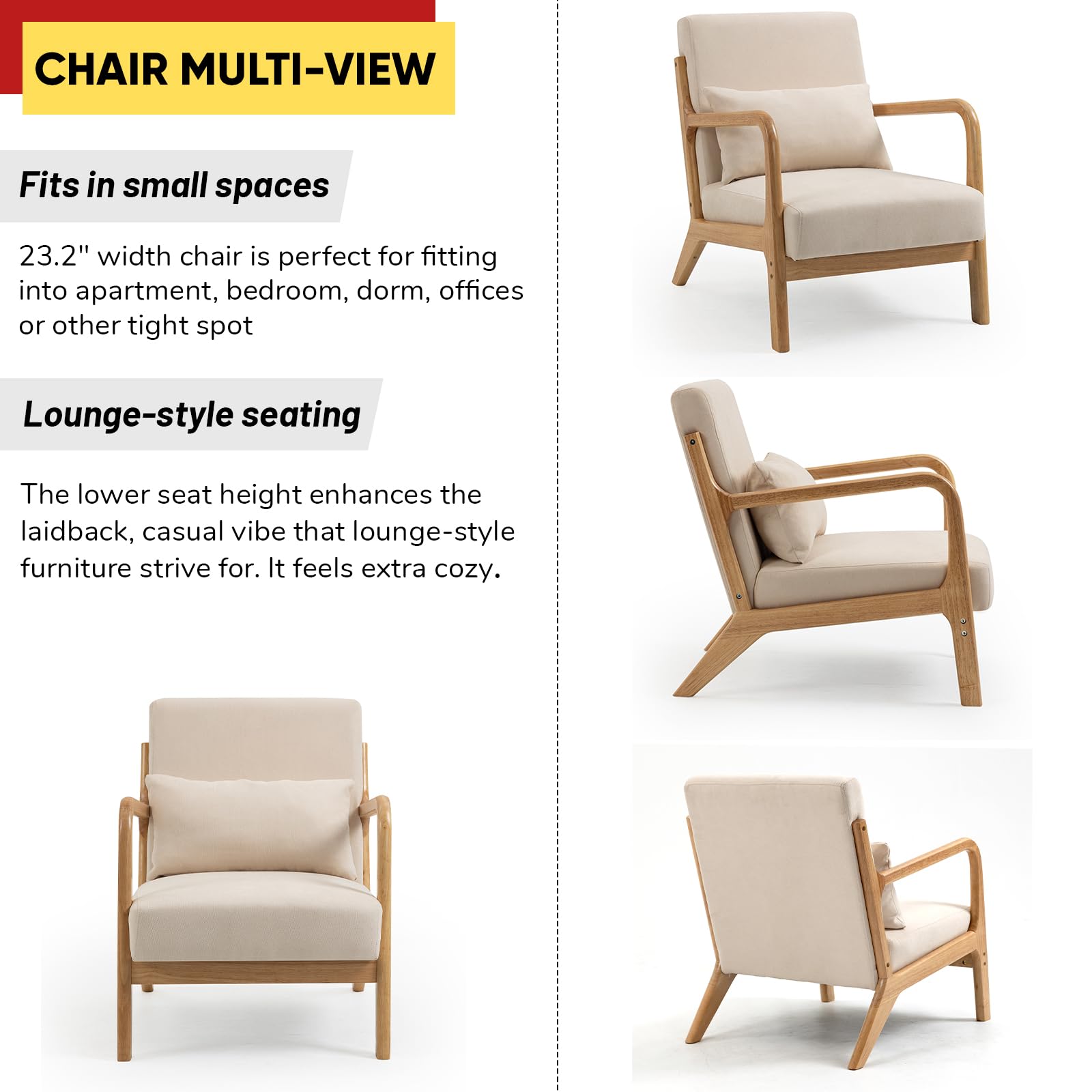 JOYBASE Mid-Century Modern Loveseat and 2 Accent Chairs Set - Compact Sofa for Small Spaces, Apartments, Offices - Beige Living Room Furniture | Perfect for Studio Apartments, Cozy Reading Nooks & Home Offices
